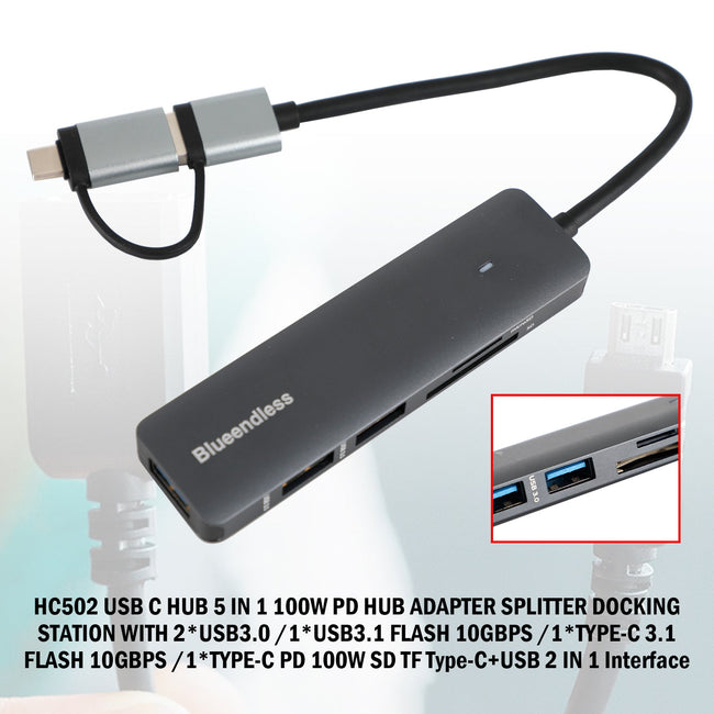 Hub USB C HC502 personnalisé 5 en 1 100W PD Hub Station d'accueil pour Windows Mac OS Linux