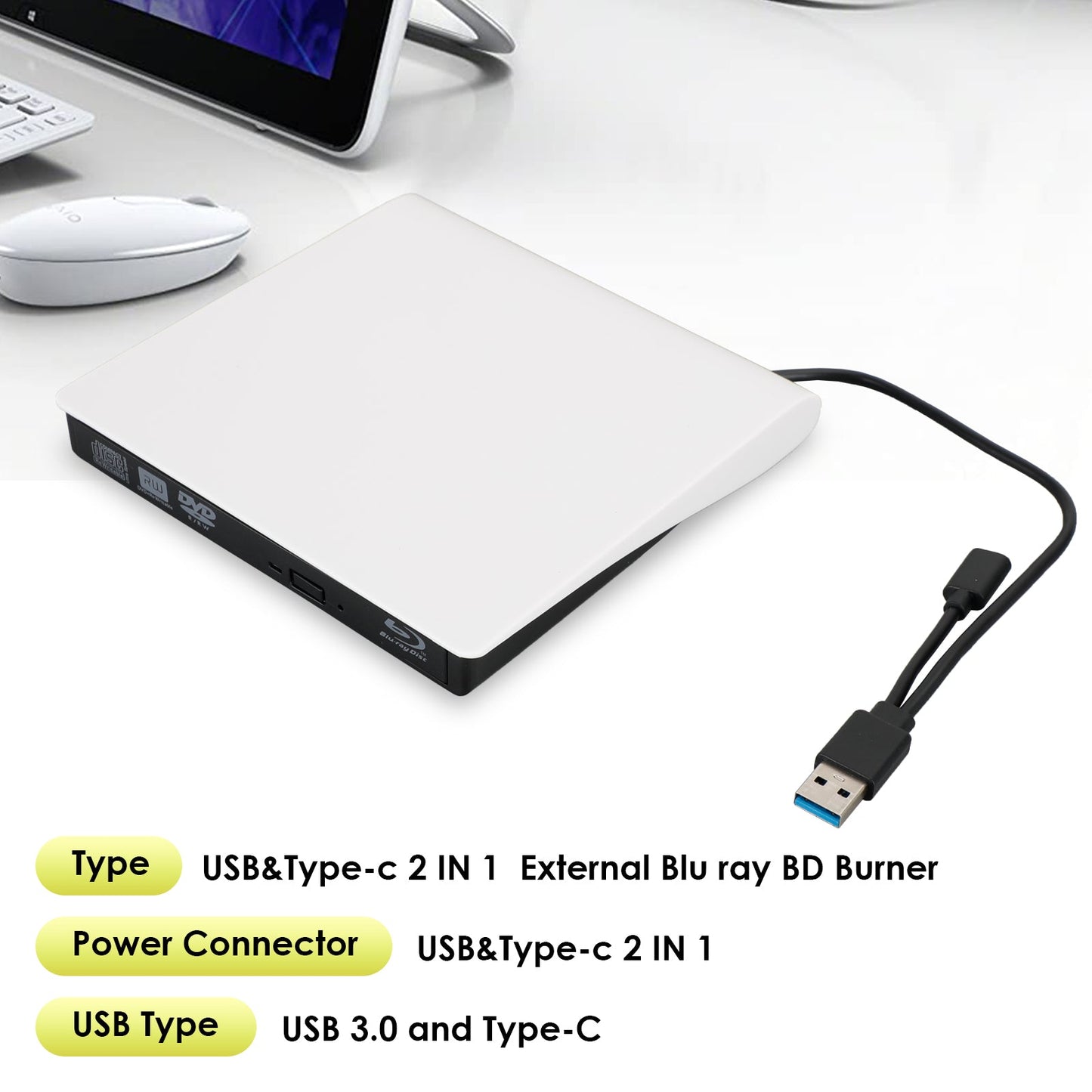 Graveur de disque Blu-ray externe USB et type-c + lecteur BD DVD graveur de disque USB 3.0