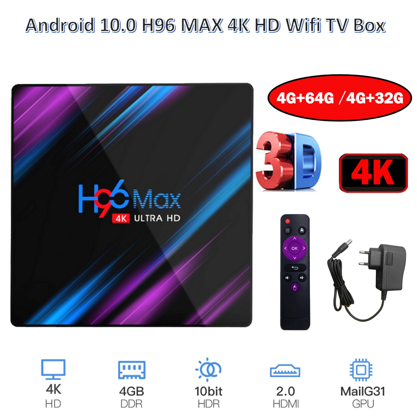 H96MAX Android 10 64GB ROM 4GB RAM 4K WIFI Network Media Player TV BOX EU Plug