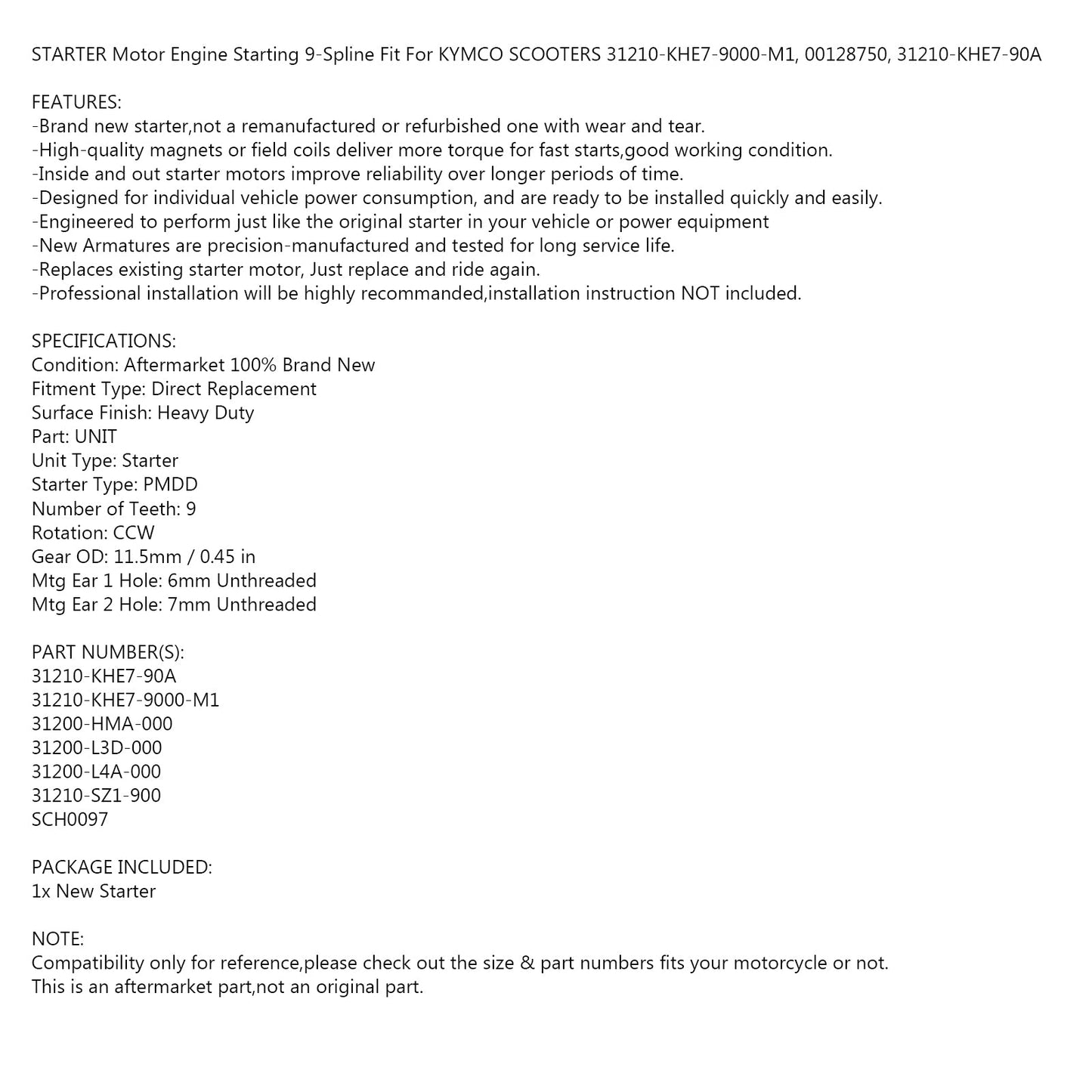 Neuer Starteranfall für Kymco Scooters 31210-KHE7-9000-M1, 00128750, 31210-KHE7-90A Generic Generic
