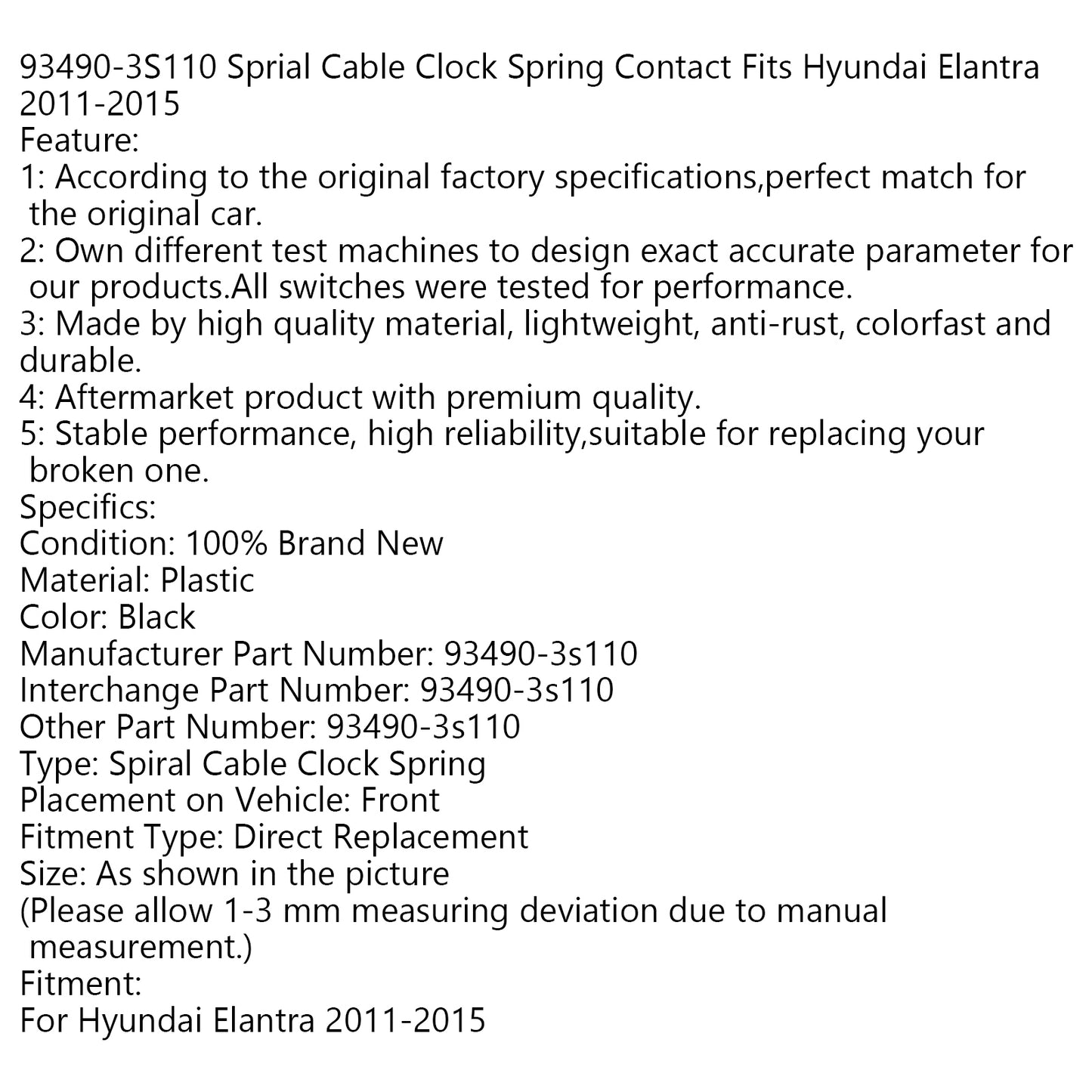 Ressort d'horloge à câble spiralé pour Hyundai Elantra 2011-2015