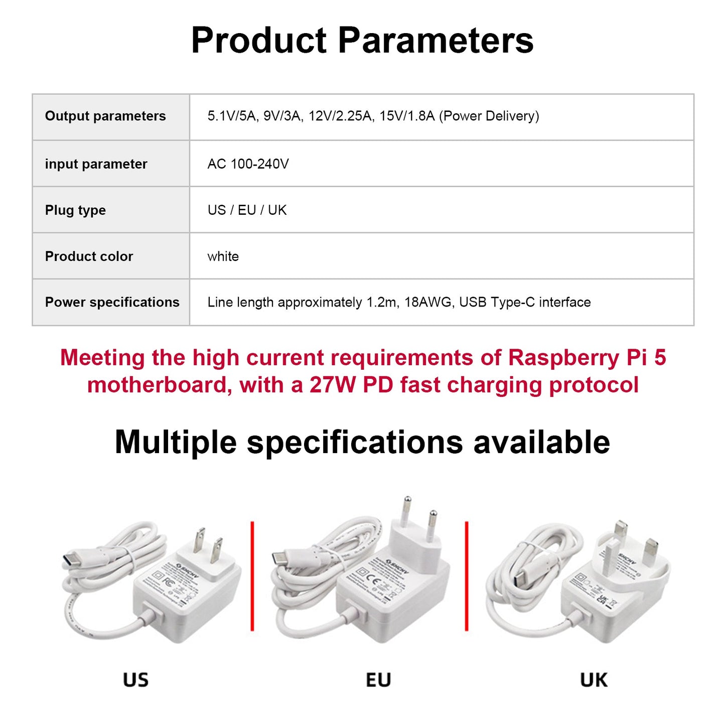 Raspberry Pi 5 Netzteil, USB-C-Schnittstelle, 27 W Leistung, 5 V, 5 A, voller Strom