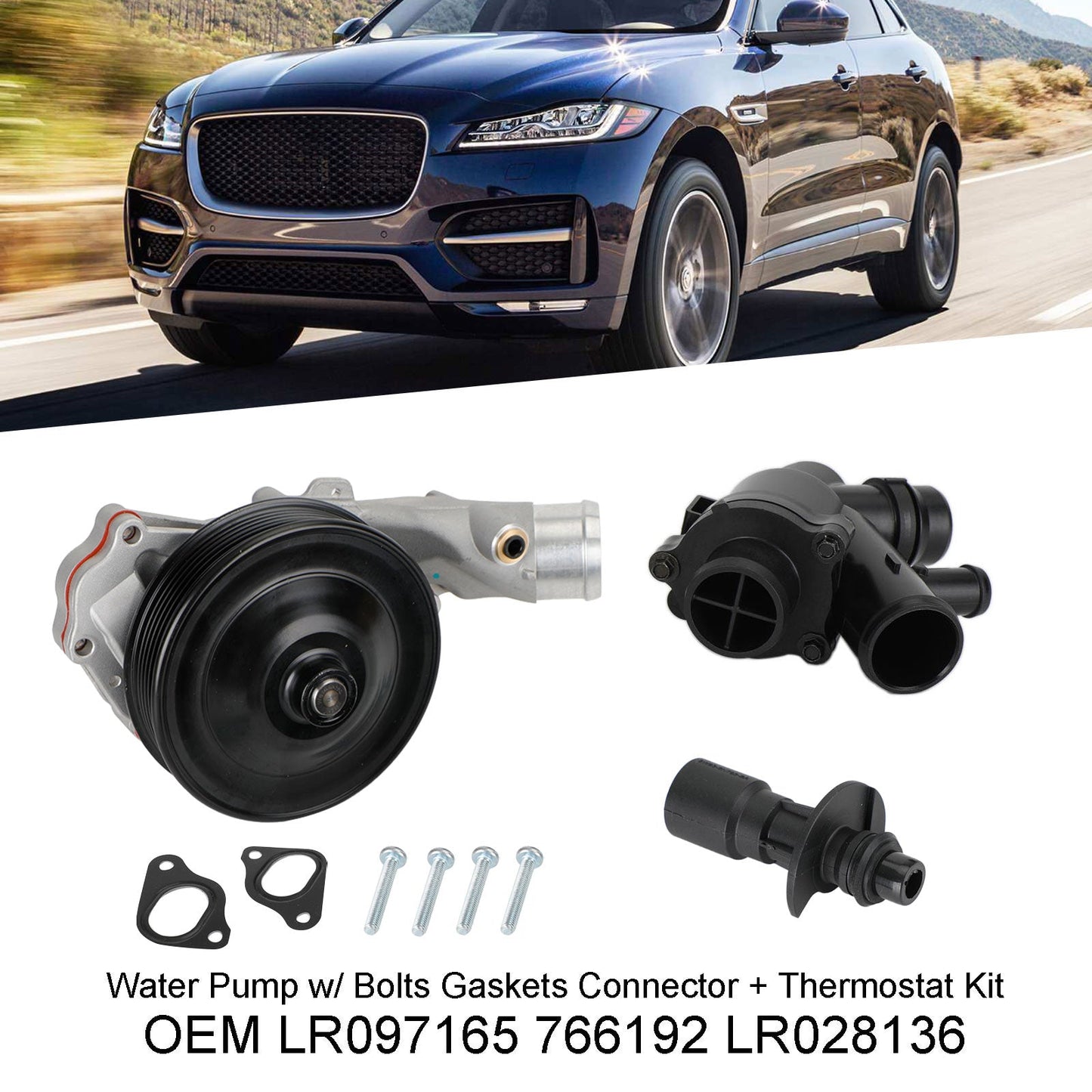 Jaguar 2014–2015 XJR Wasserpumpe mit Schrauben, Dichtungen, Stecker + Thermostat-Kit