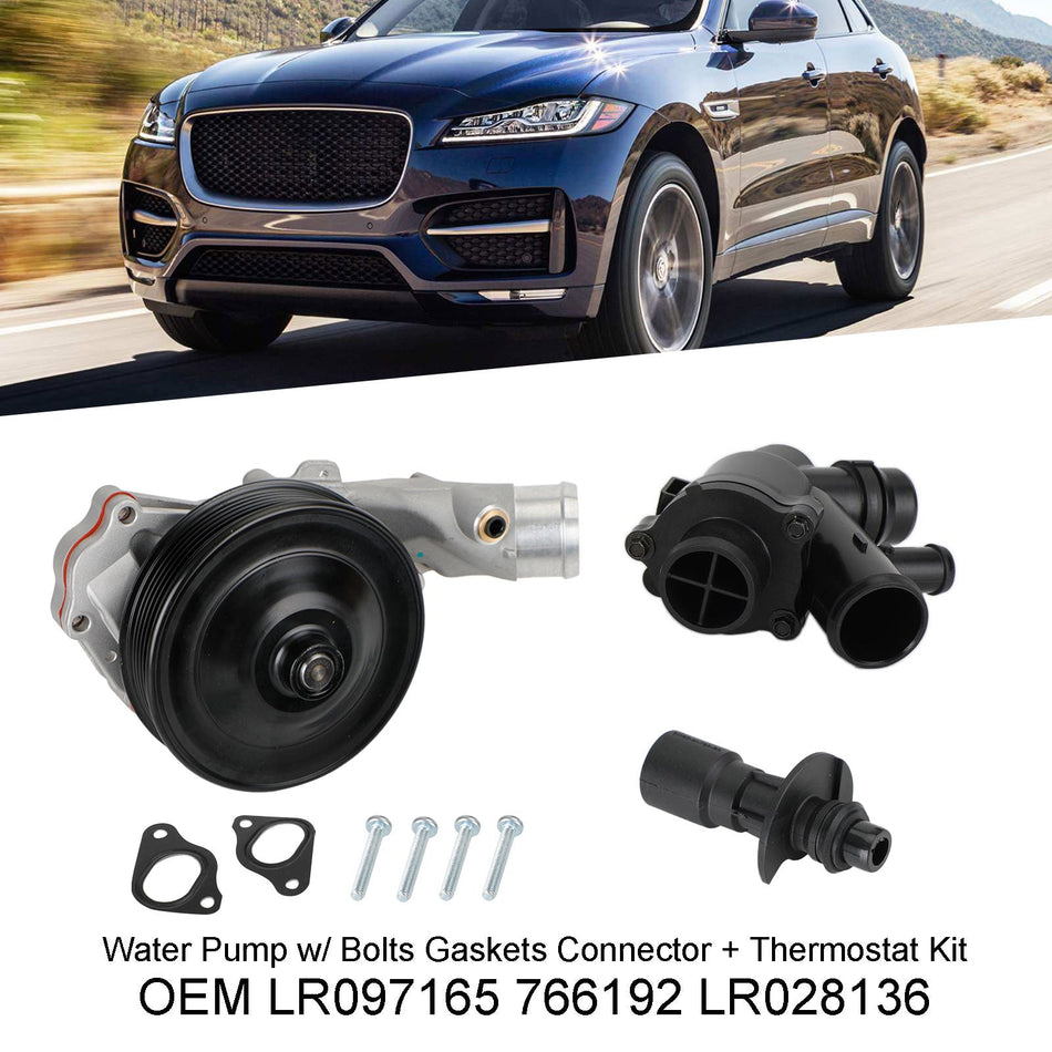 2017–2018 Jaguar F-Pace Wasserpumpe mit Schrauben, Dichtungen, Stecker + Thermostat-Kit