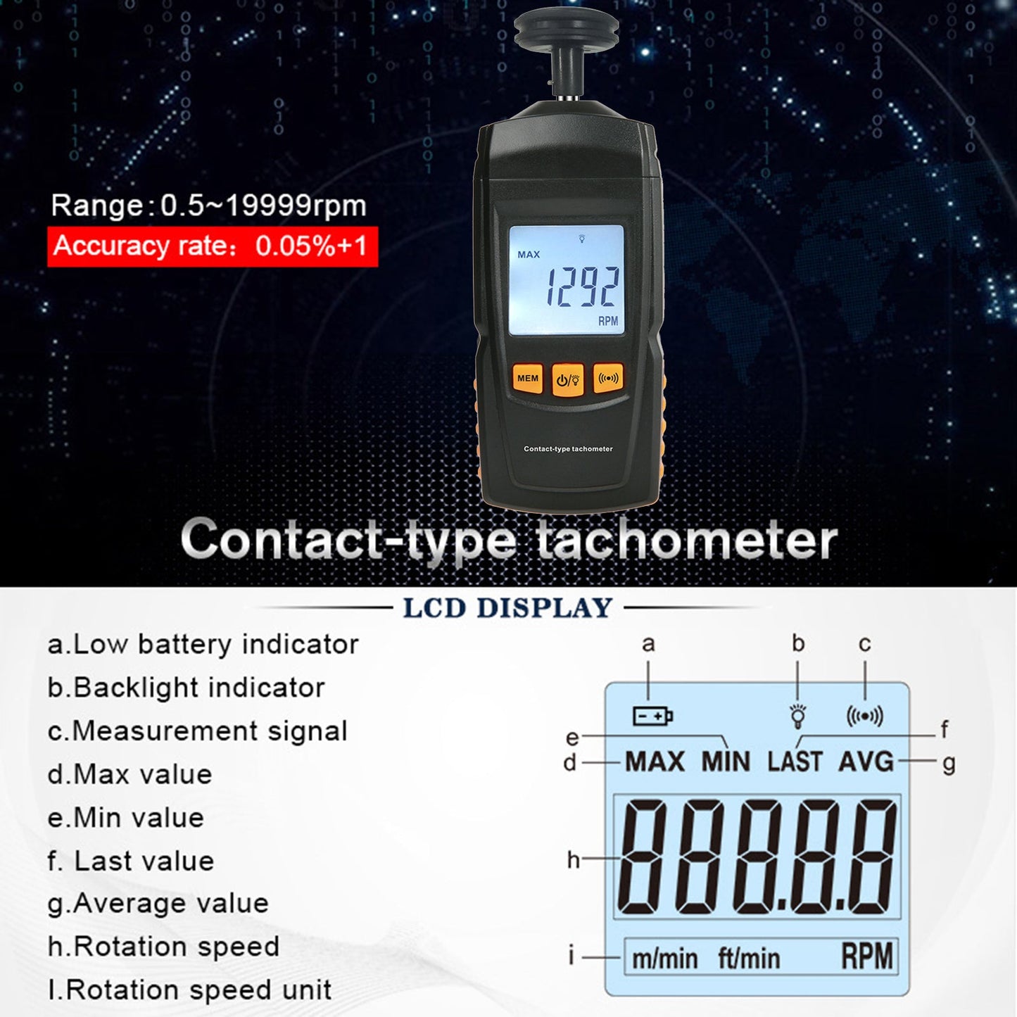 GM8906 Tragbarer digitaler Kontakt-Motordrehzahlmesser LCD-Tachometer Tach RPM Tester