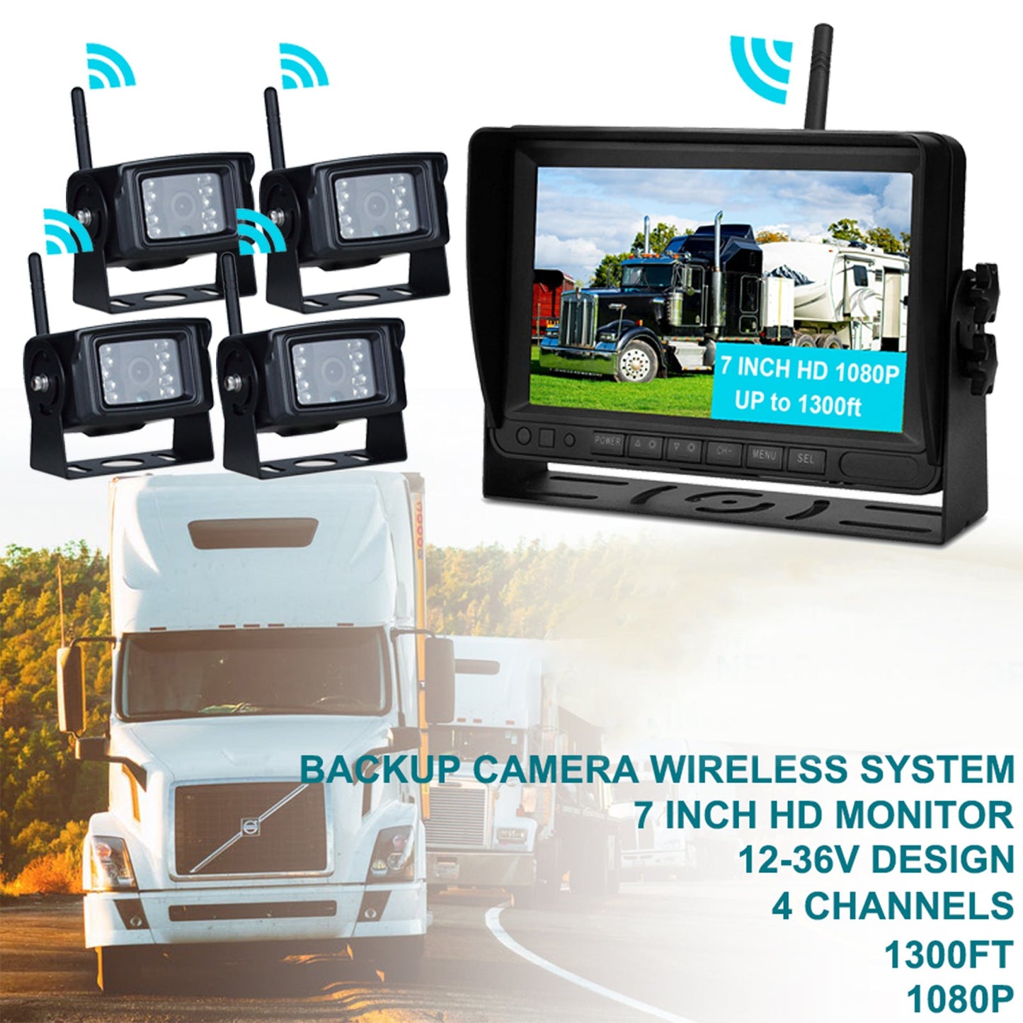 7" Wireless AHD 1080P Display 4CH Rückfahrkamera-Set für LKW-Anh?nger