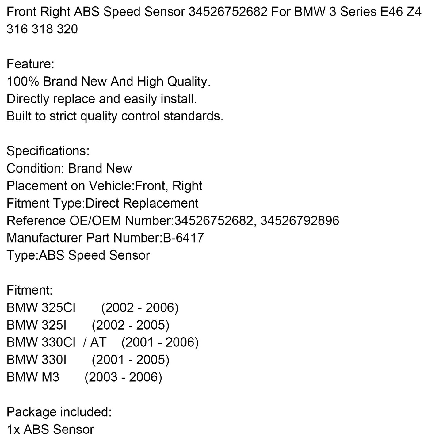 Capteur de vitesse ABS avant droit 34526752682 pour BMW Série 3 E46 Z4 316 318 320