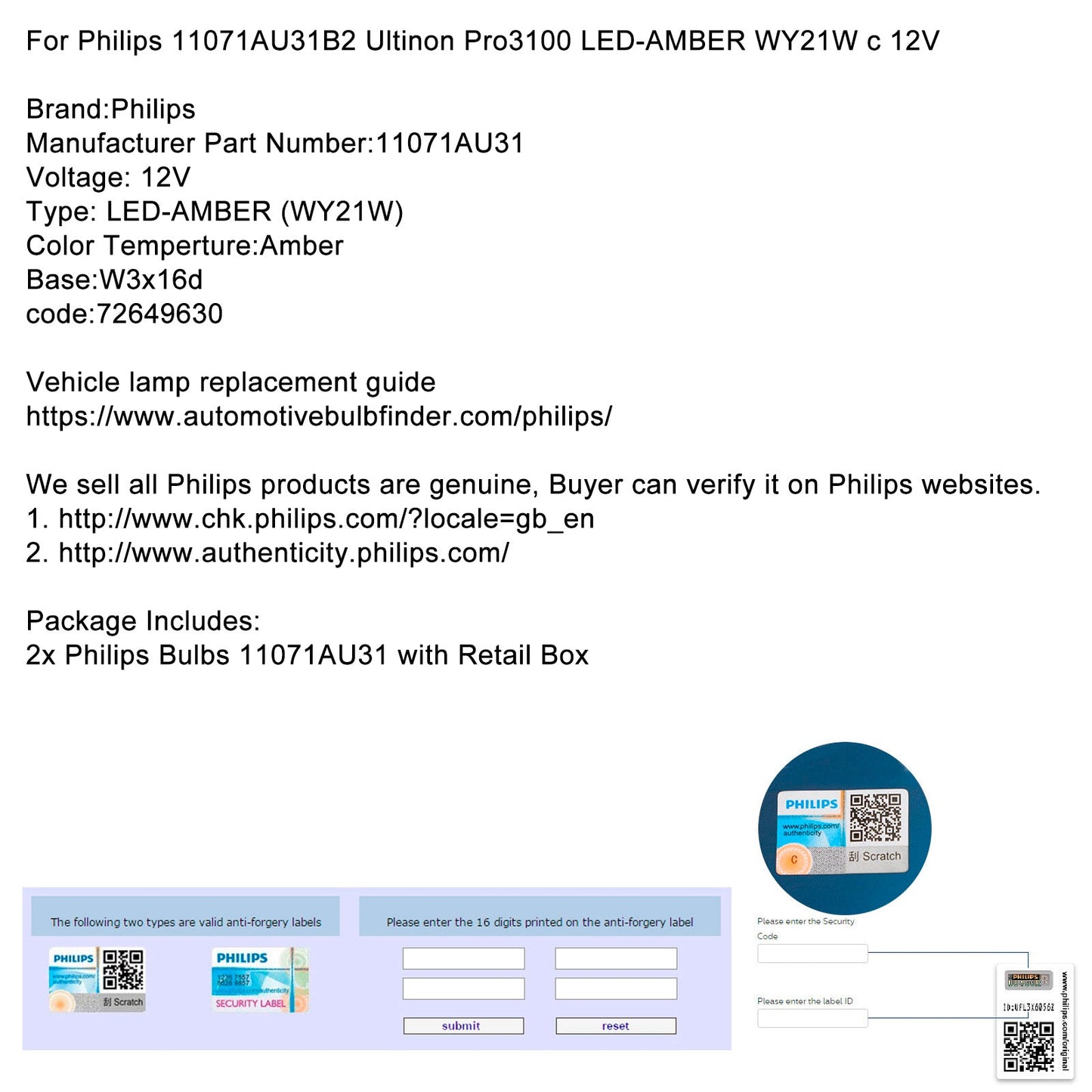 Für Philips 11071AU31B2 Ultinon Pro3100 LED-BERNSTEIN WY21W W3x16d 12V