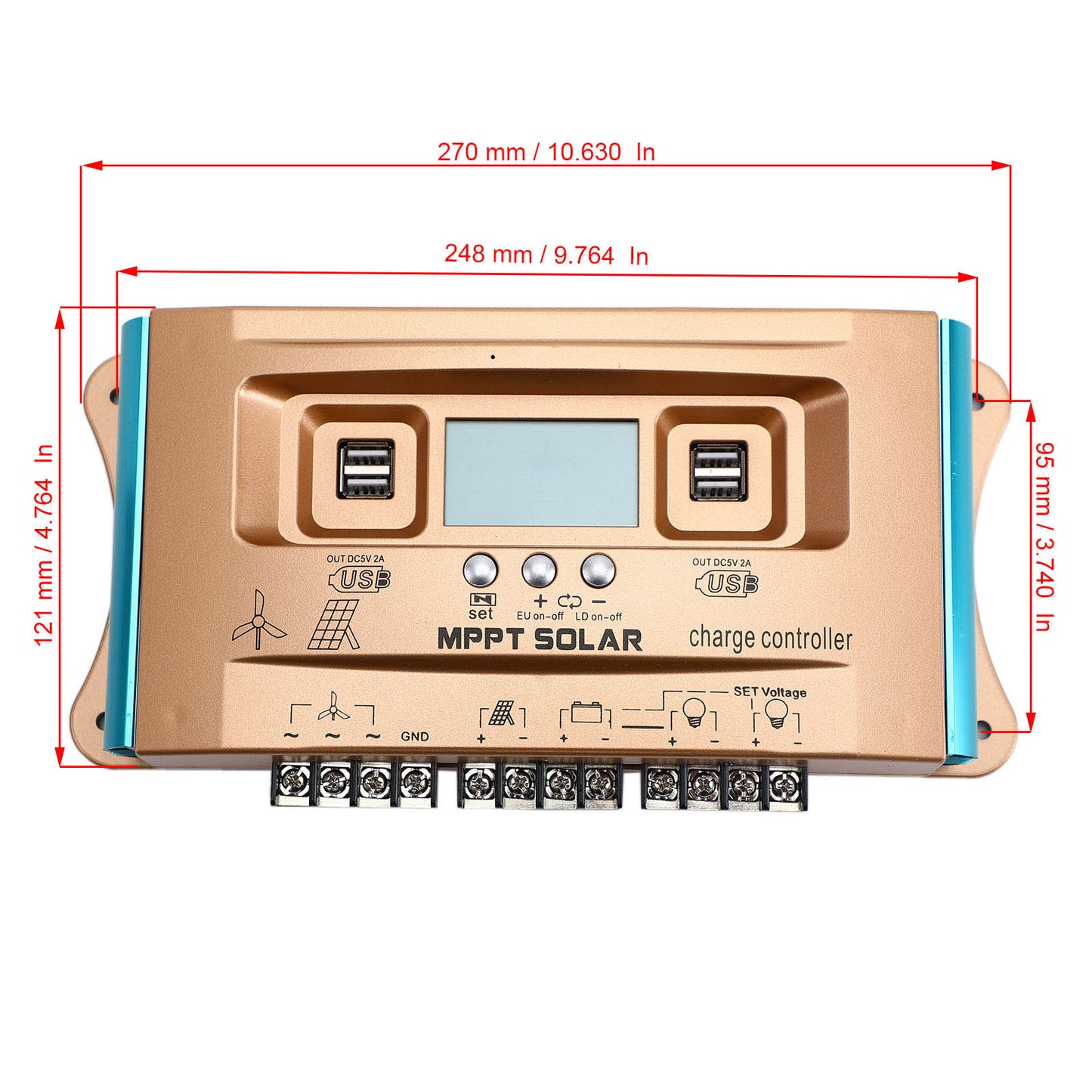 12V-60V 30A/60A/100A MPPT Vent Solaire Hybride Contrôleur De Charge Contrôleur Panneau Double USB