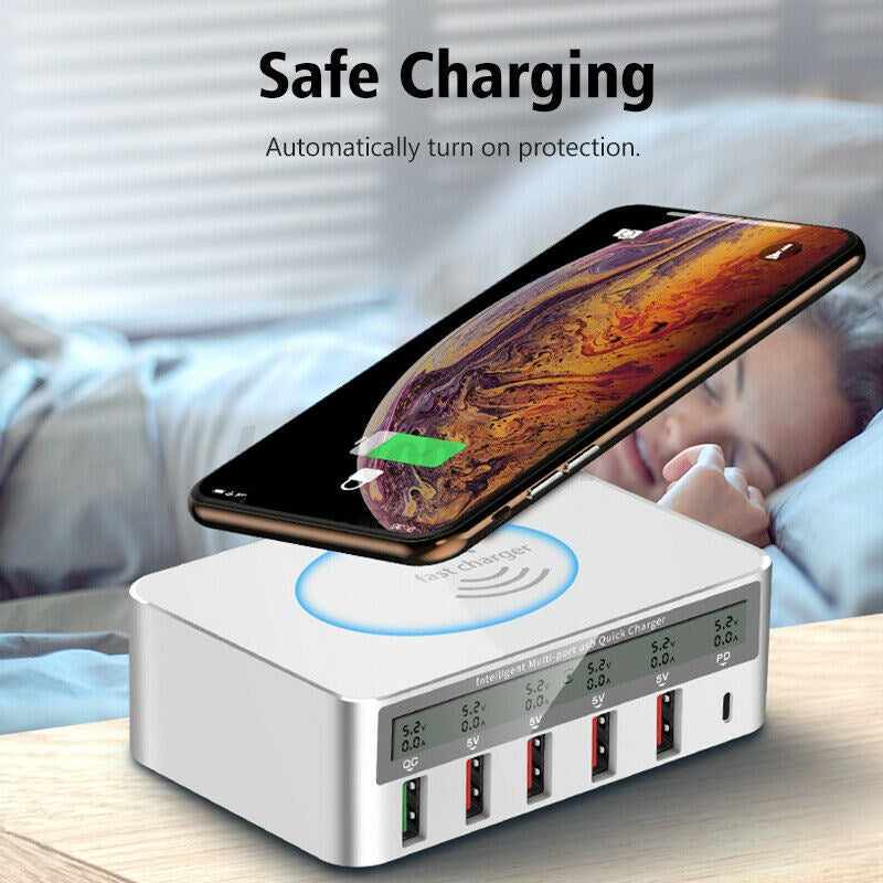 Multiport Quick USB Charger Station With Wireless Ladegerät LCD Display EU