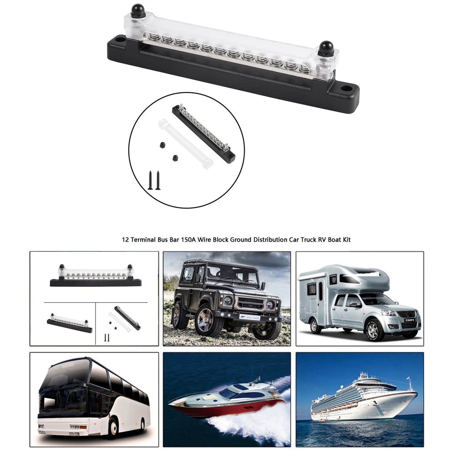 12 Terminal Bus Bar 150A Wire Block Ground Distribution Auto Truck RV Boat Kit Generic