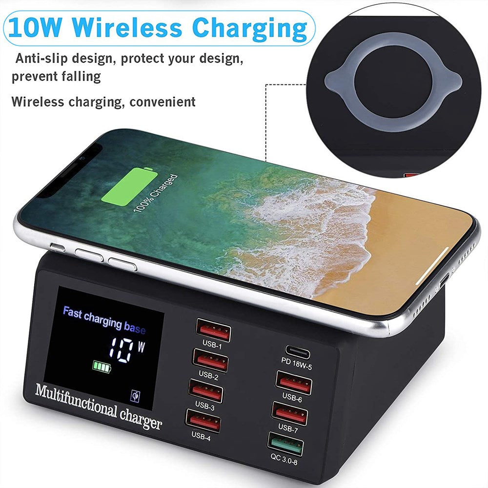 100W 8 Ports USB QC 3.0 PD Schnellladegerät Wireless Charging Station EU Plug