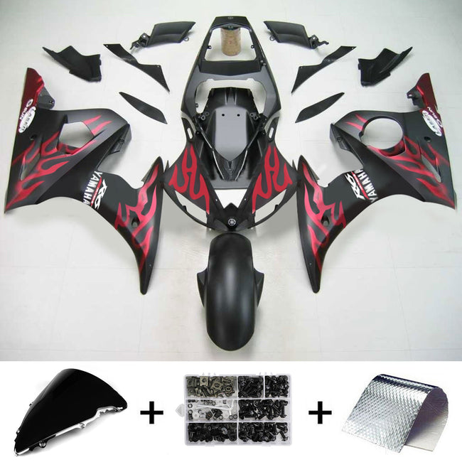 Amotopart Yamaha 2003-2004 YZF 600 R6 & 2006-2009 YZF R6S Black Red Flame Fairing Kit