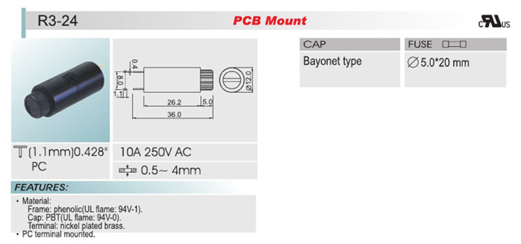 SCI R3-24 Vertikaler PCB-Sicherungshalter für 5 x 20 mm Glassicherungen 10 A 250 V