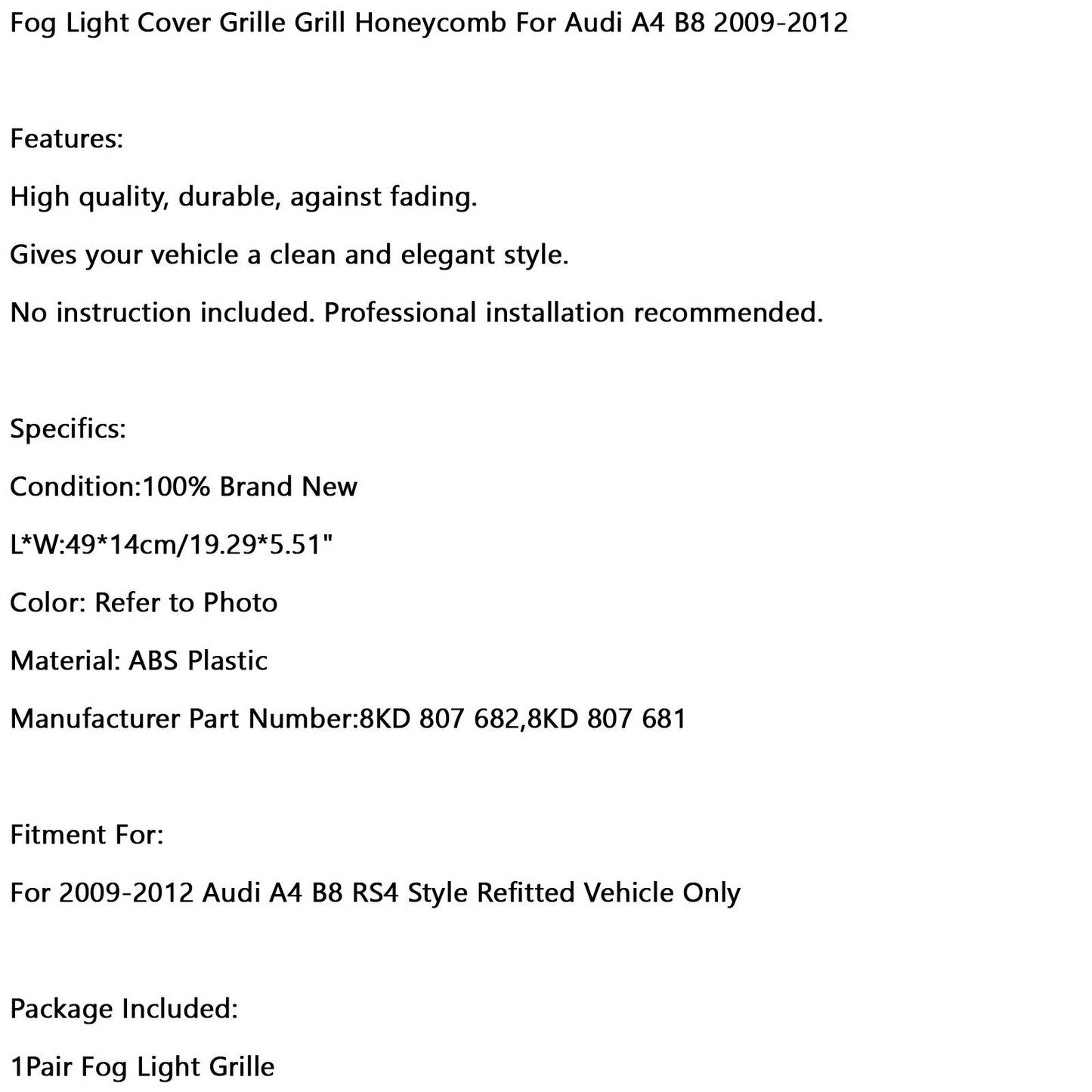 Paar Wabennetz Nebel Light Open Vent Grill Intake Anpassung Audi A4 B8 2009-2012 Generisches Generikum