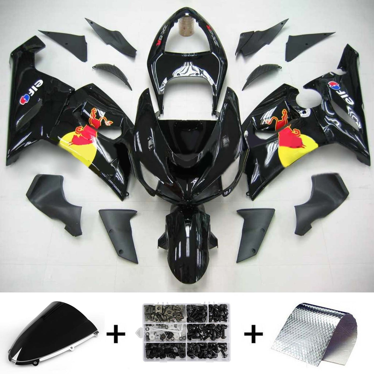 Amotopart Kawasaki 2005-2006 ZX6R 636 Kit de carénage noir Red Bull