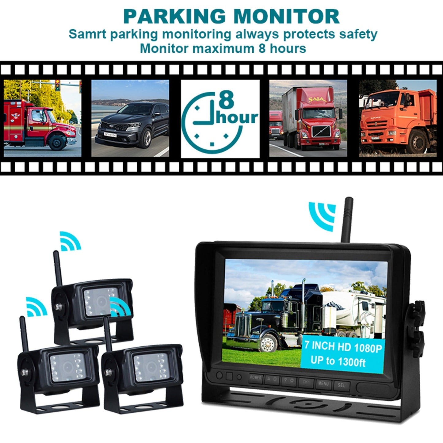 7-Zoll-Display AHD 1080P Wireless 3CH Rückfahrkamera-Set für LKW-Anh?nger