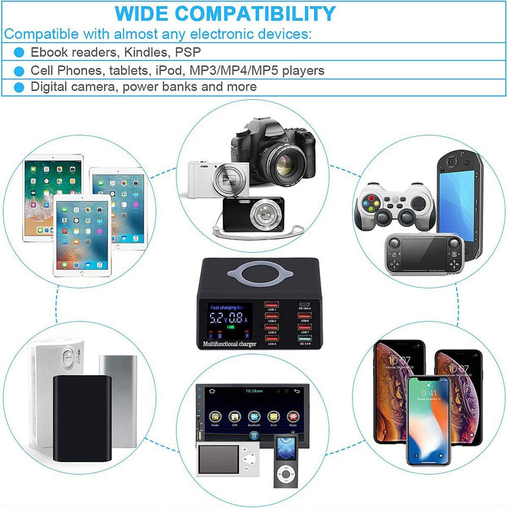 100W 8 Ports USB QC 3.0 PD Chargeur Rapide Station de Recharge Sans Fil EU Plug