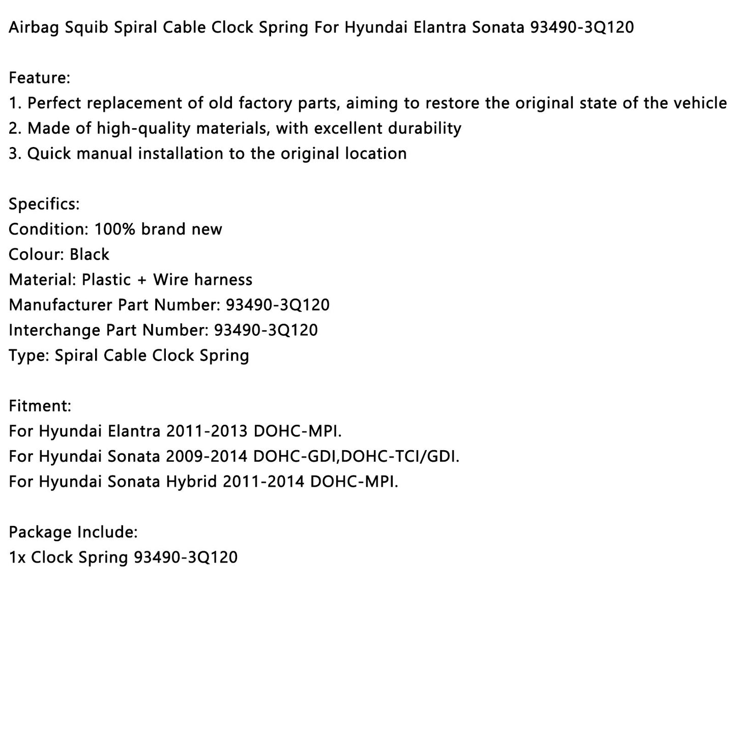 Airbag Squib spirale câble horloge ressort pour Hyundai Elantra Sonata 93490-3Q120