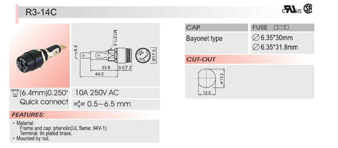 4 pièces Sci R3-14c support de fusible de châssis à montage sur panneau pour fusibles 6x30mm 10a 250v