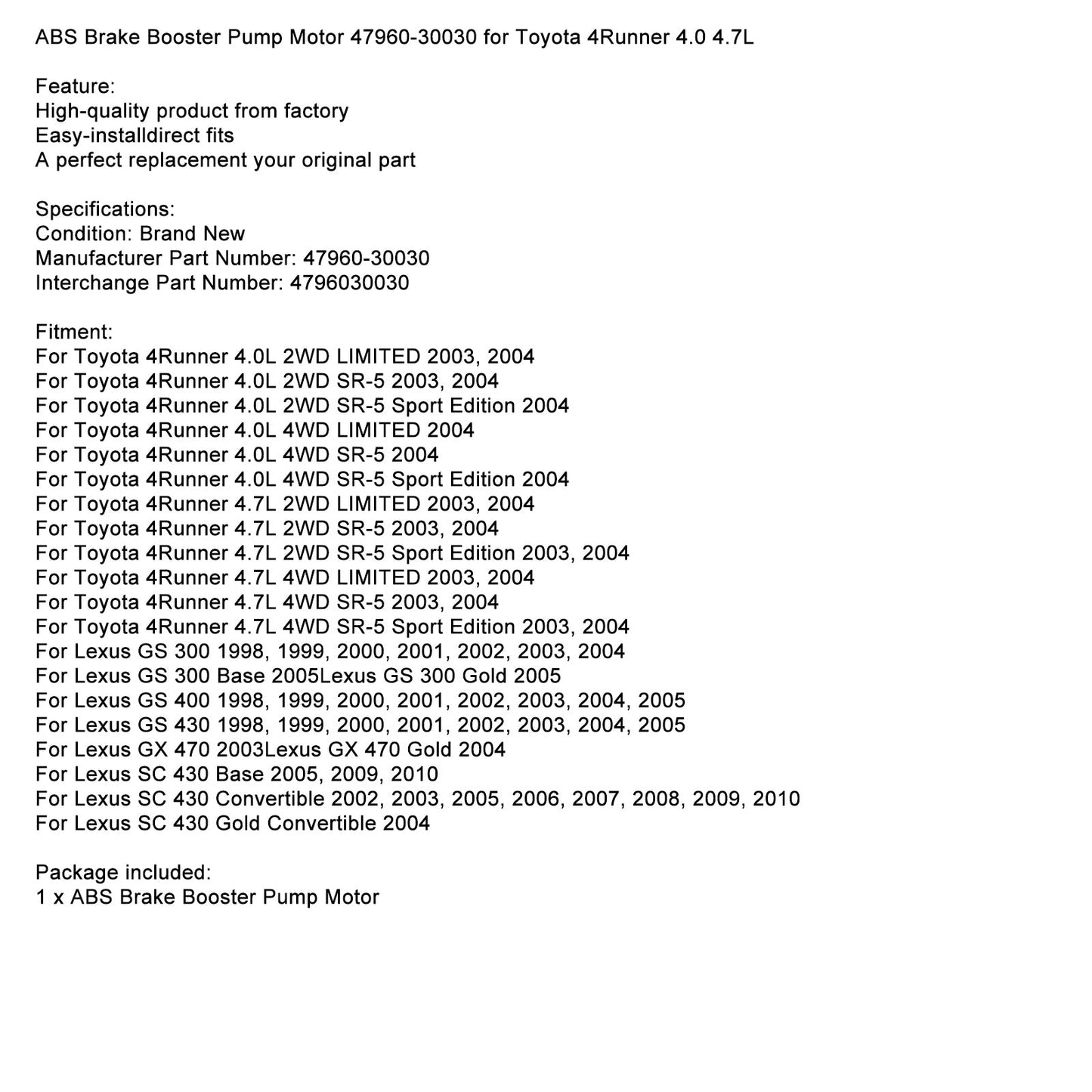 2003 2004 Toyota 4Runner 4.0L 4.7L ABS-Bremsverstärkerpumpenmotor 47960-30030 Fedex Express