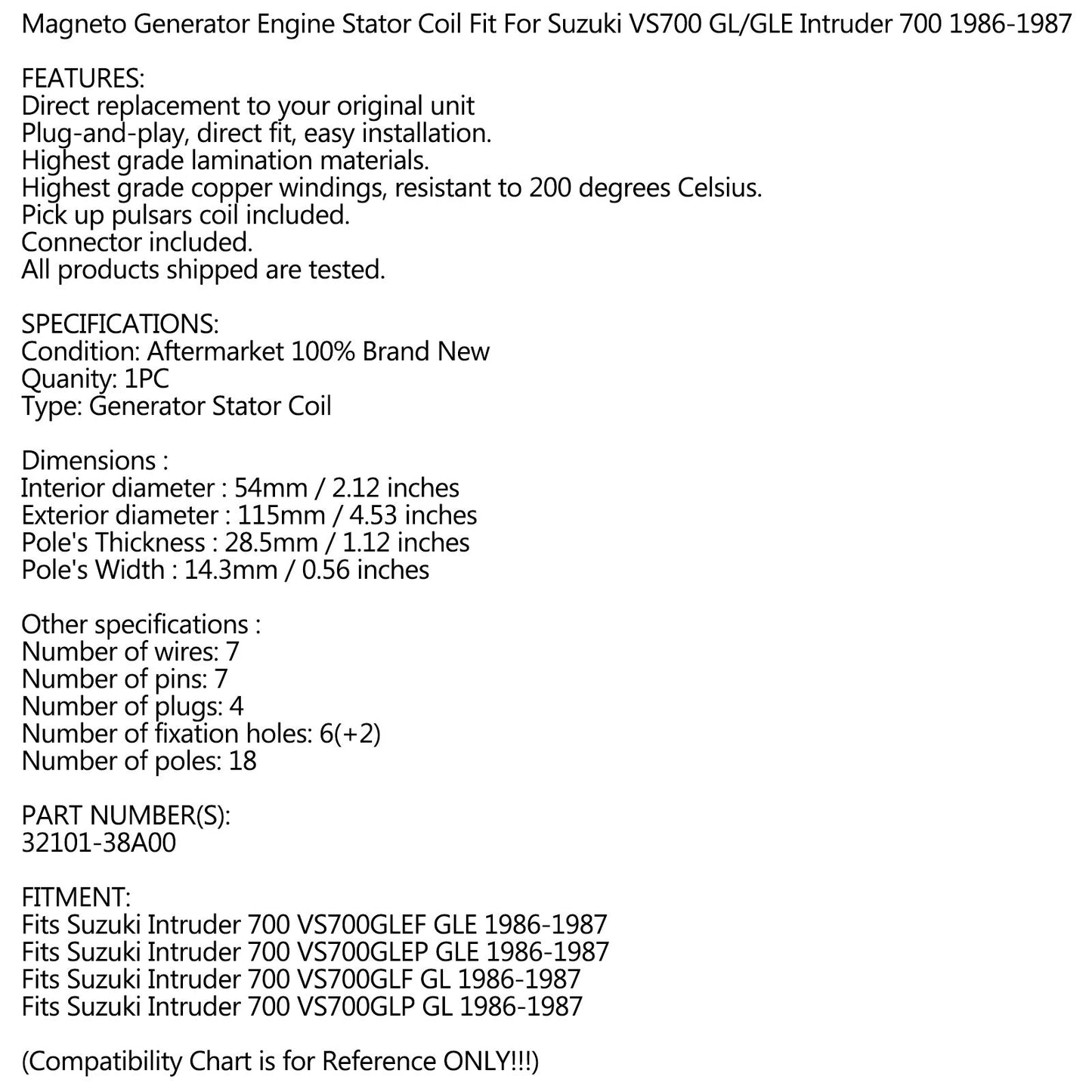 Generator Magneto Stator für Suzuki VS700 vs 700 GL Gle 1 Eindringling 700 86-87 Generic