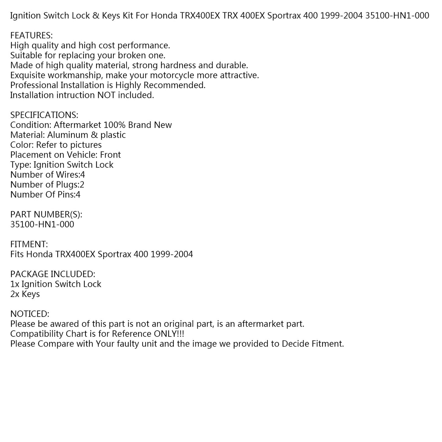 Zündschalter Sperre mit Tasten für Honda TRX400 EX SPORTRAX 400 TRX400EX 99-04 Generic