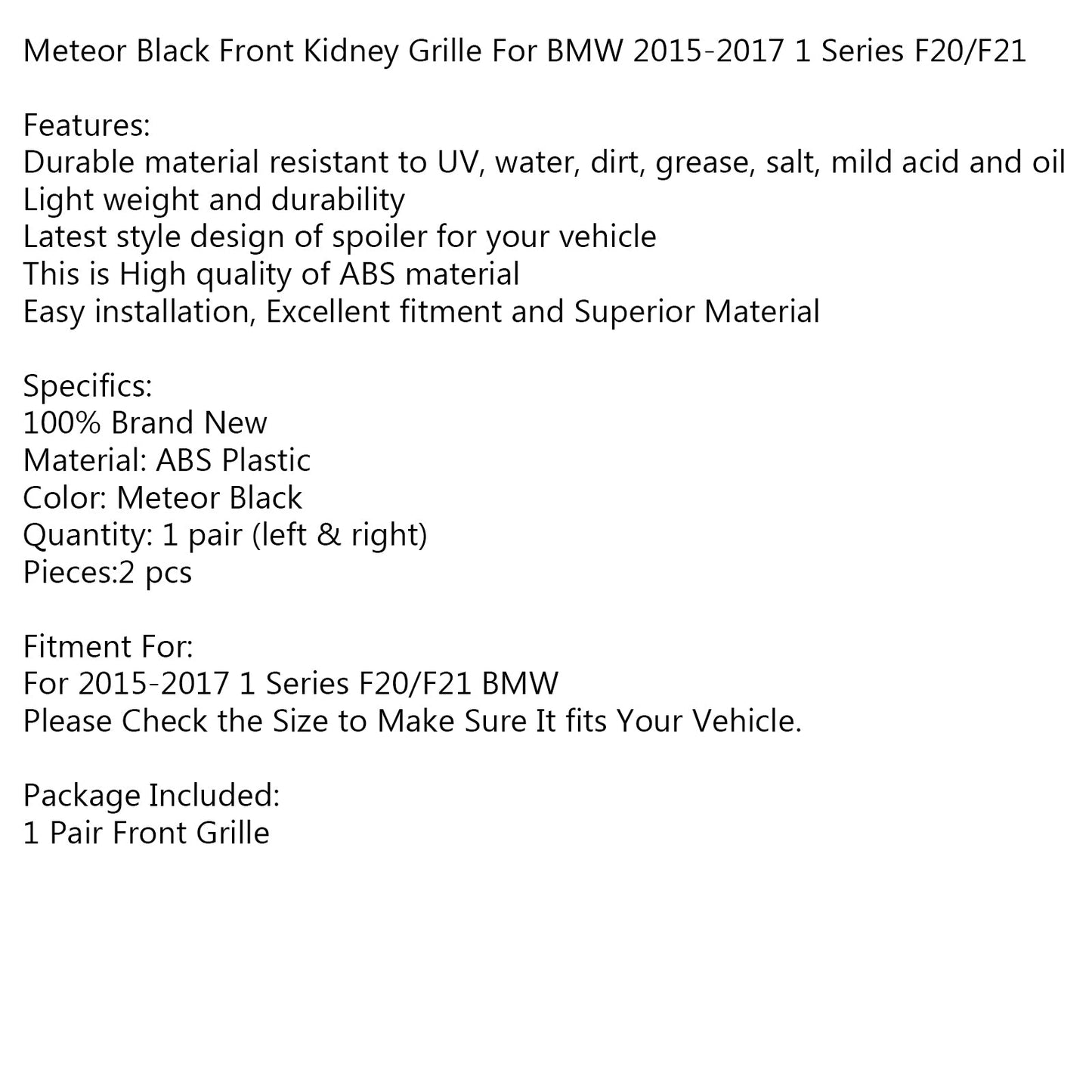 Meteor Black Front Nieren Kühlergrill Fit BMW 2015-2017 1 Serie F20/F21 Generikum