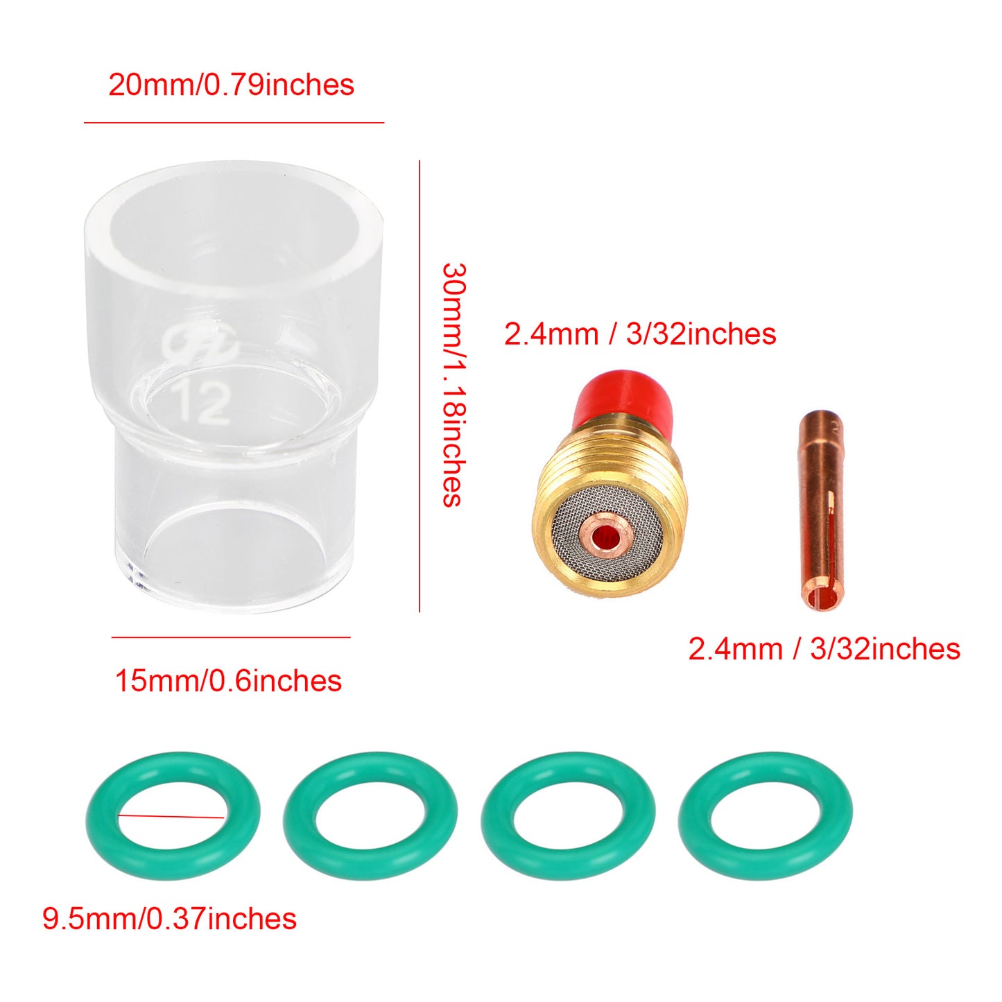 7 pcs Tig Torche De Soudage Stubby Gaz Lentille Pyrex Verre Bécher Kit pour WP-9/20/25