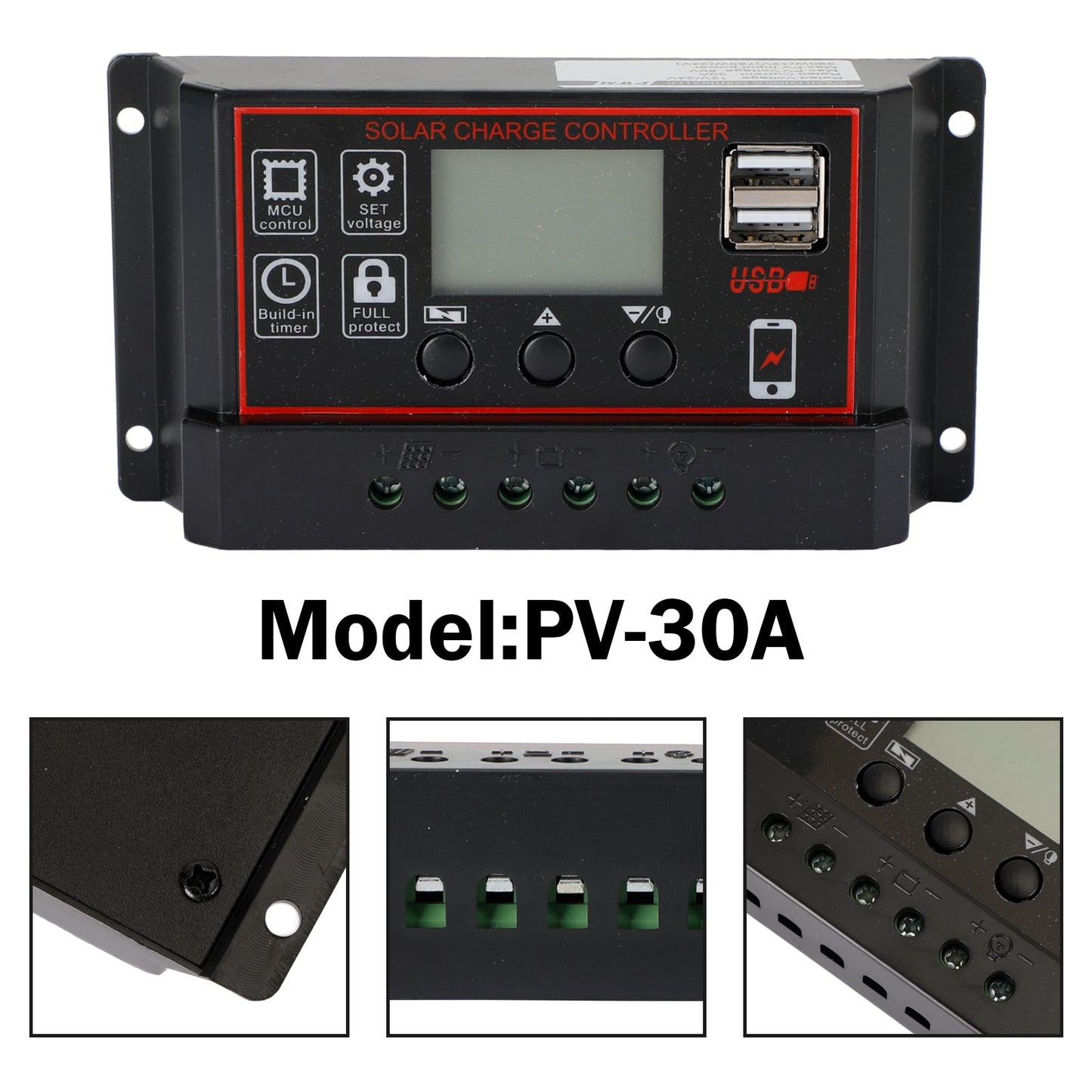 10A/20A/30A Panneau Solaire Régulateur Contrôleur de Charge PWM LCD Double USB 12V/24V