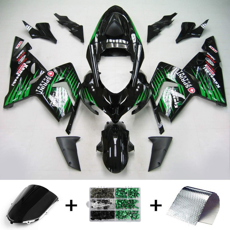 Amotopart Kawasaki 2004-2005 ZX10R Kit de carénage noir mélange vert