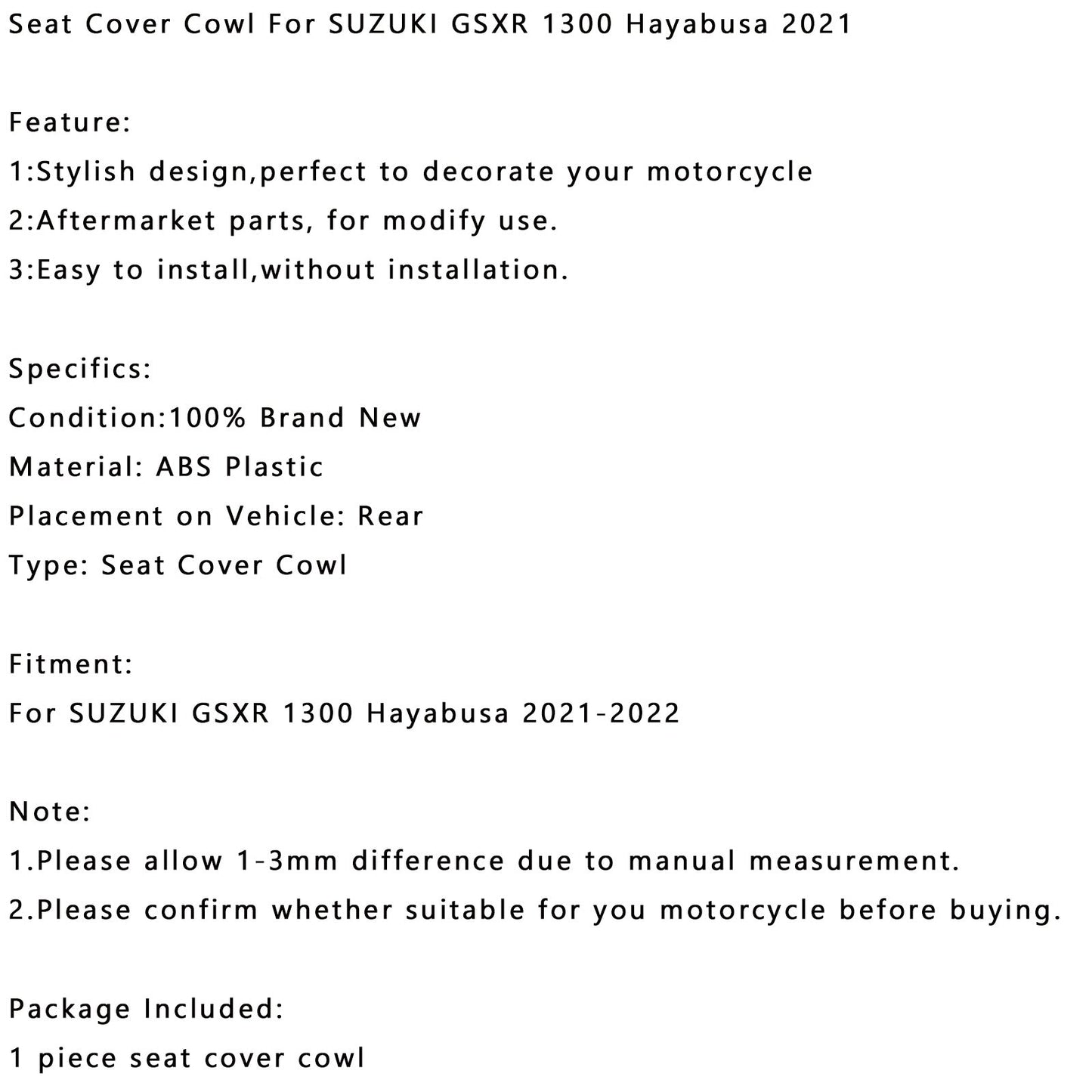 Housse de siège arrière pour SUZUKI GSXR 1300 GSX-R1300 Hayabusa 2021-2022 Rouge