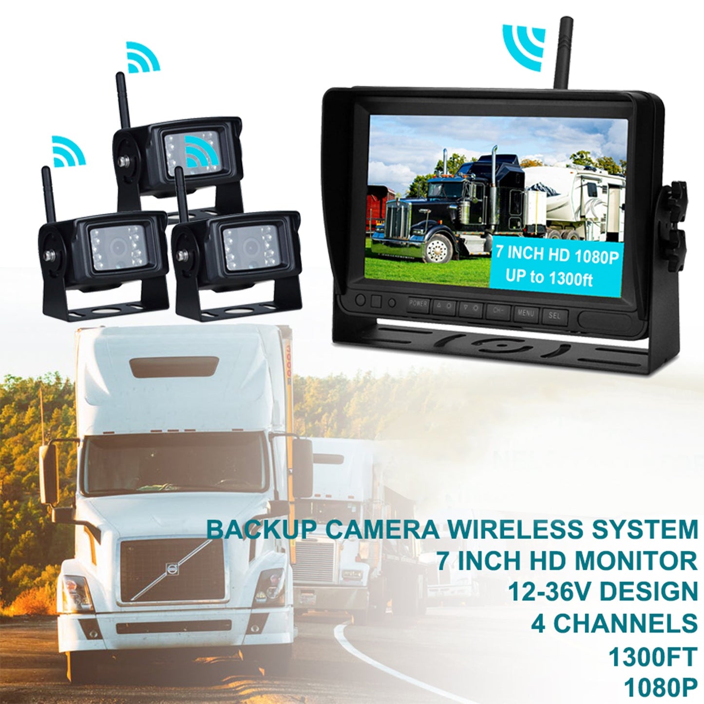 7-Zoll-Display AHD 1080P Wireless 3CH Rückfahrkamera-Set für LKW-Anh?nger