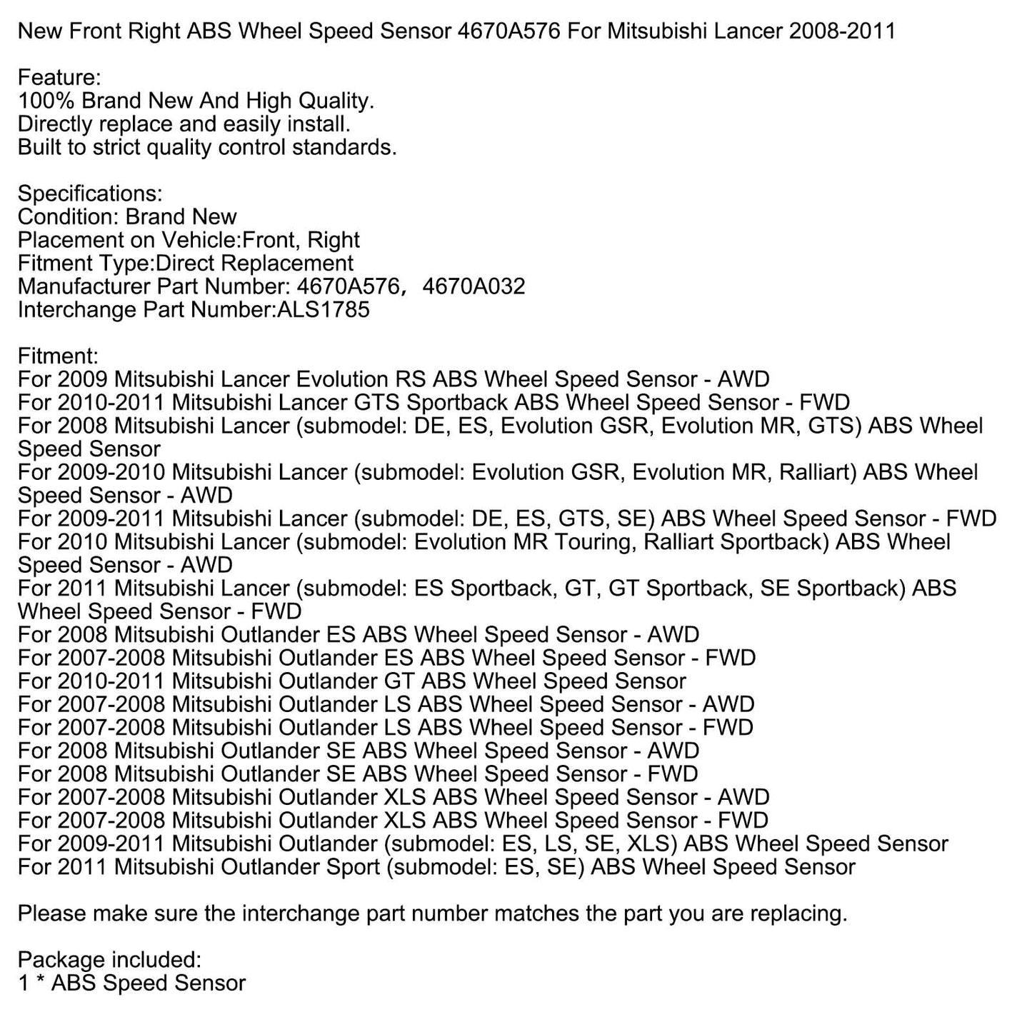Neuer vorderer rechter Abs-Rad-Geschwindigkeitssensor 4670A576 für Mitsubishi Lancer 2008-2011