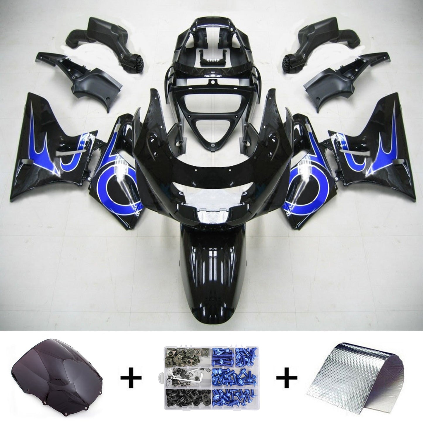 Amotopart Kawasaki ZZR400 1993-2007/ZZR600 1998-2003 Kit de carénage noir bleu