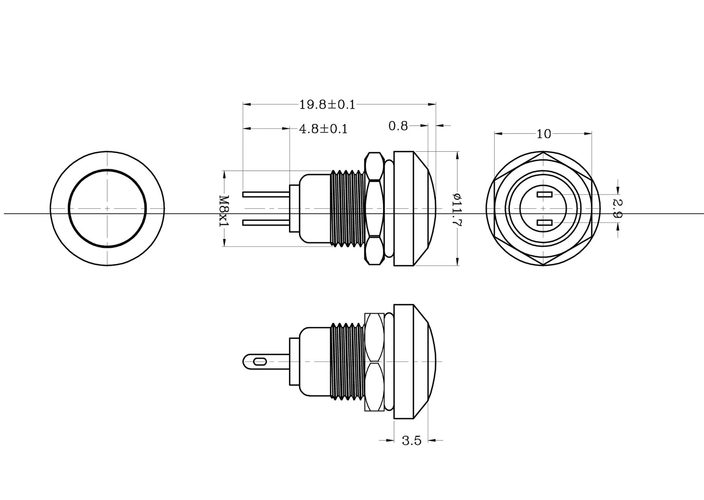Interrupteur à bouton-poussoir momentané en métal 8mm Mini 1NO 2Pin 3A / 250V pour voiture / bateau / bricolage