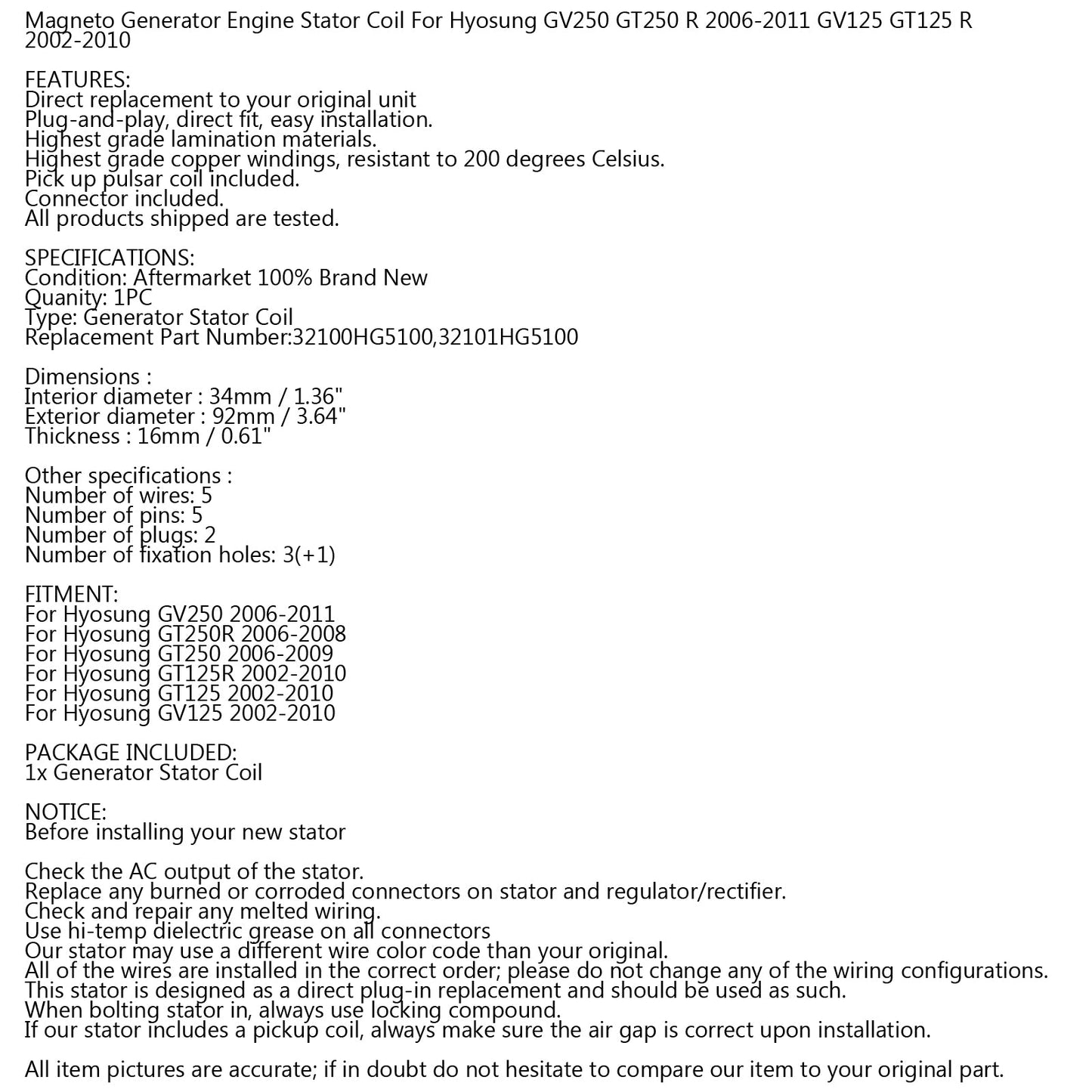 Bobine de stator d'alternateur United Motors pour Hyosung GV250 GT250R GT250 2006-2011