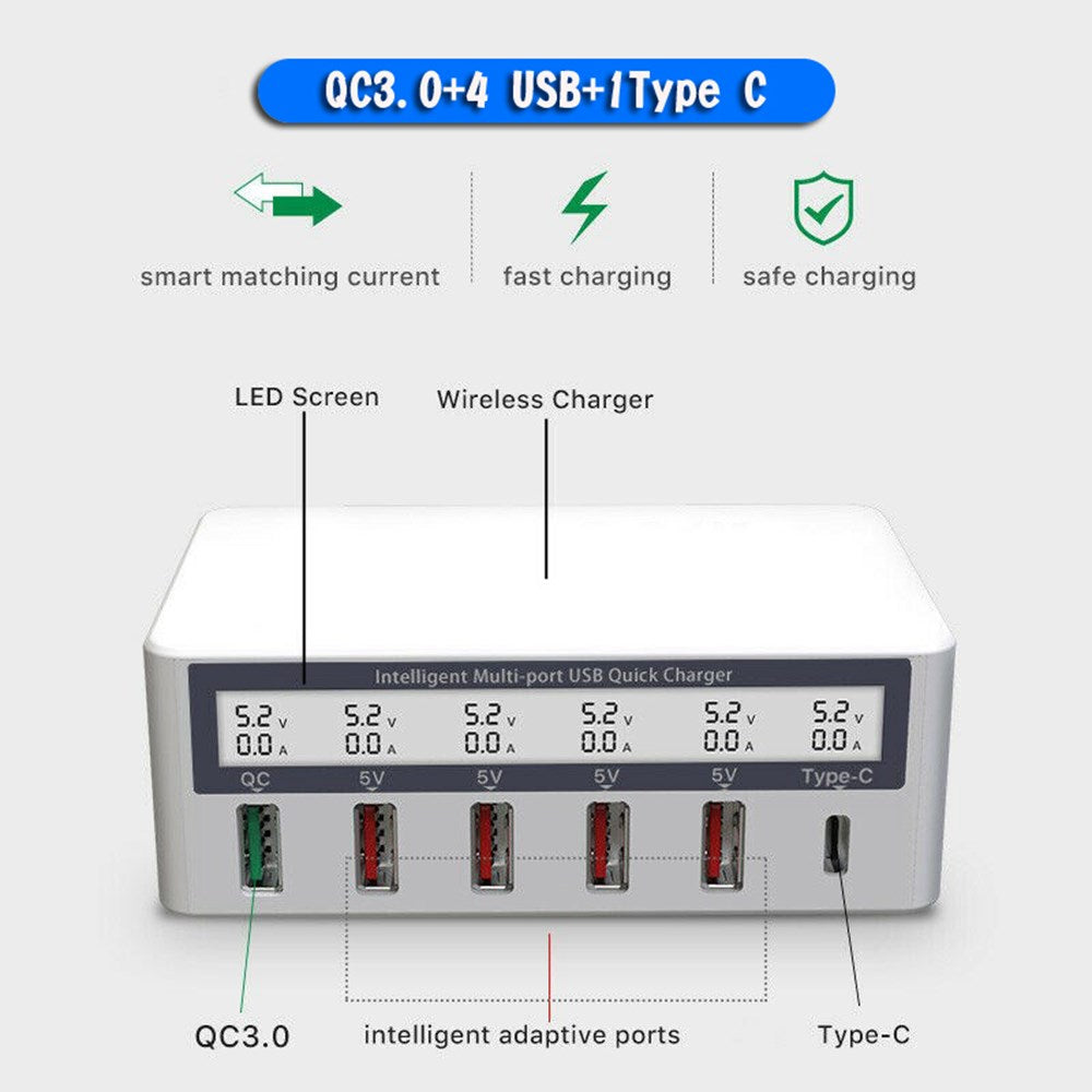 Multiport Quick USB Charger Station With Wireless Ladegerät LCD Display EU