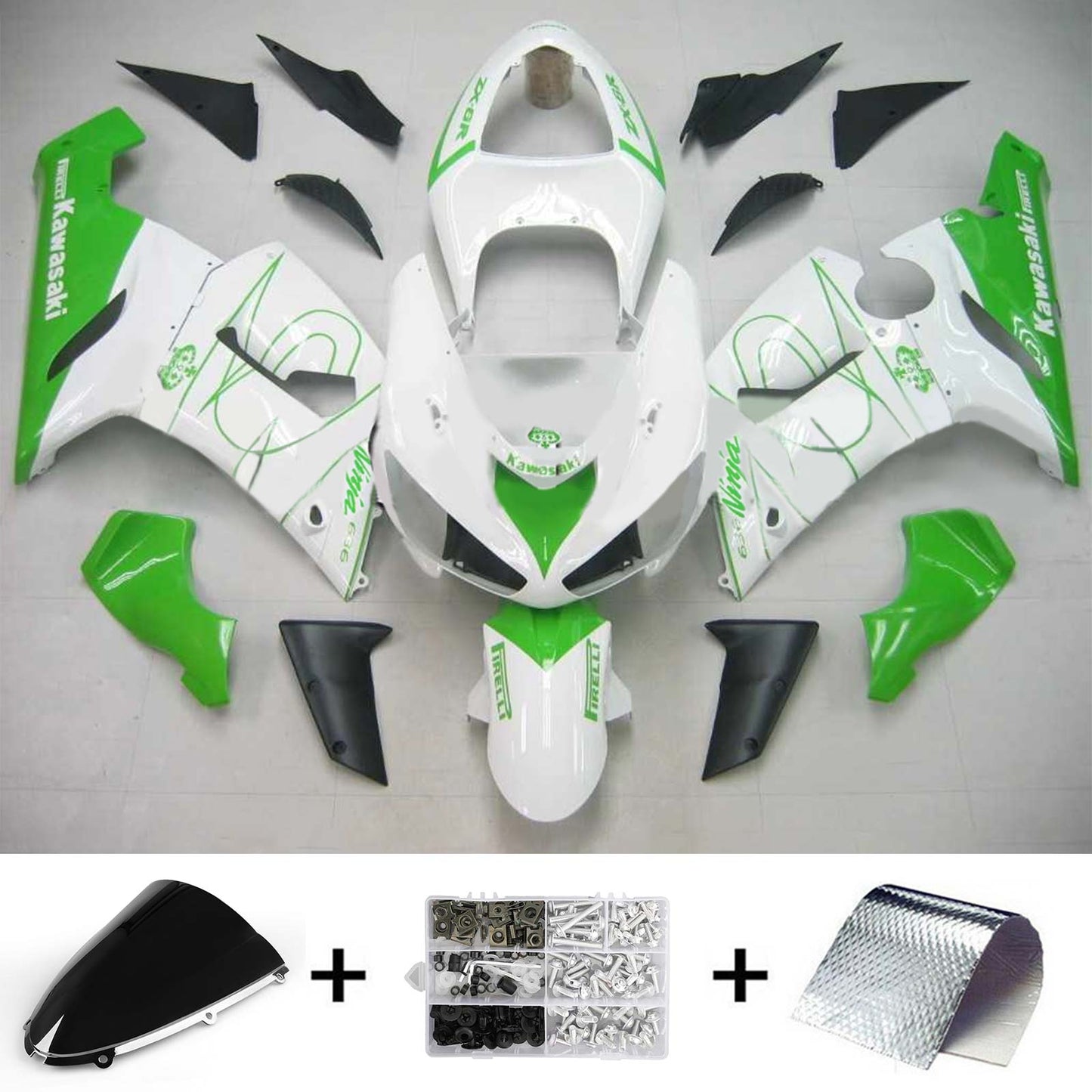 Amotopart Kawasaki 2005-2006 ZX6R 636 Kit de peur Green Line Blanc