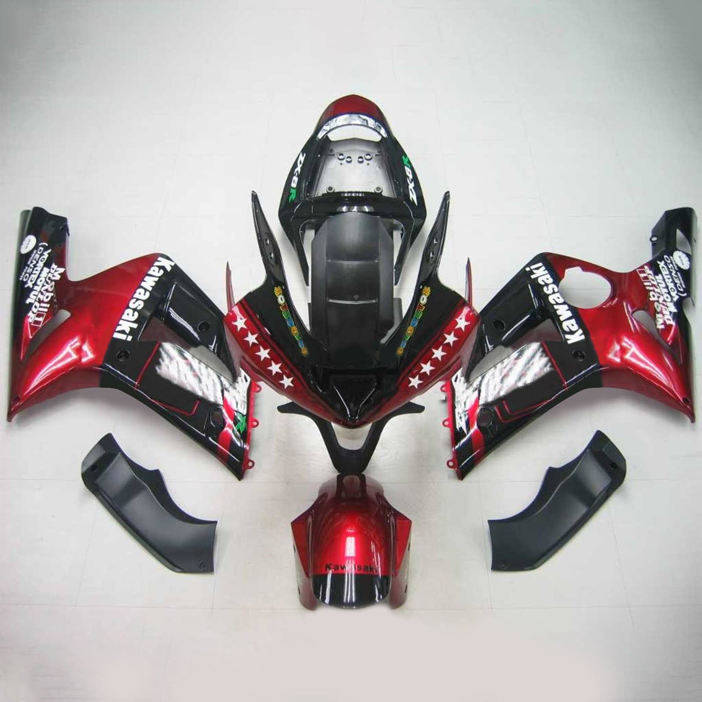 Amotopart 2003-2004 Kawasaki ZX6R 636 Gloss Black Red Fearing Kit