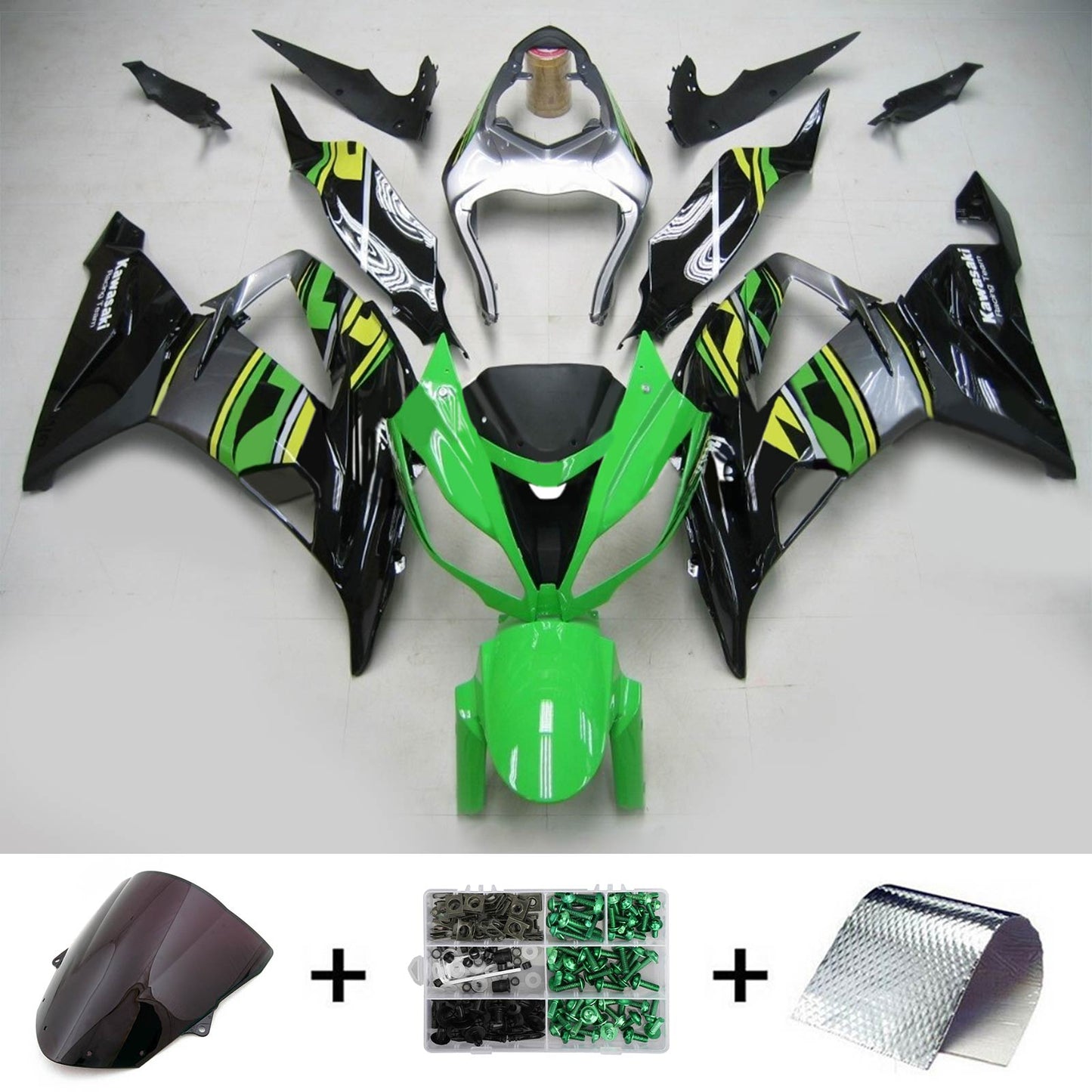 Amotopart Kawasaki 2013-2018 ZX6R 636 Kit de carénage vert noir