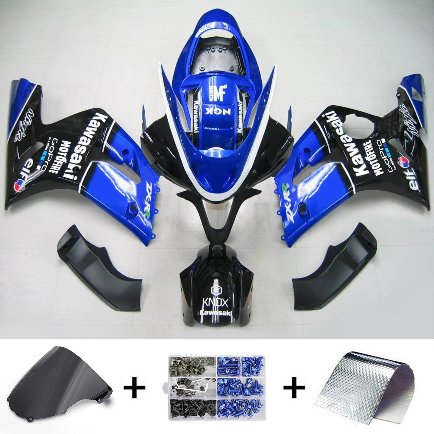 Amotopart 2003-2004 Kawasaki ZX6R 636 Kit de peur bleu noir brillant