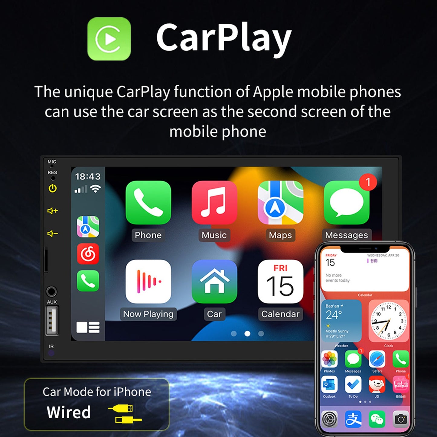 7" verkabelter Carplay-Auto-MP5-Player Bluetooth MP3-Autokartenradio + 4 LED-Kamera