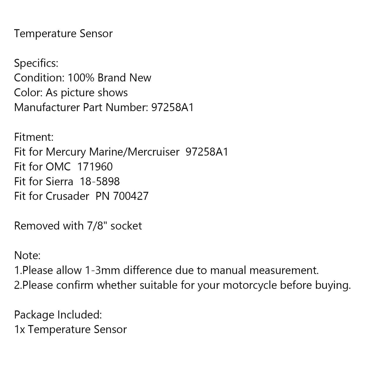 Capteur Capteur de température thermique pour Mercury Marine/Mercruiser 97258A1