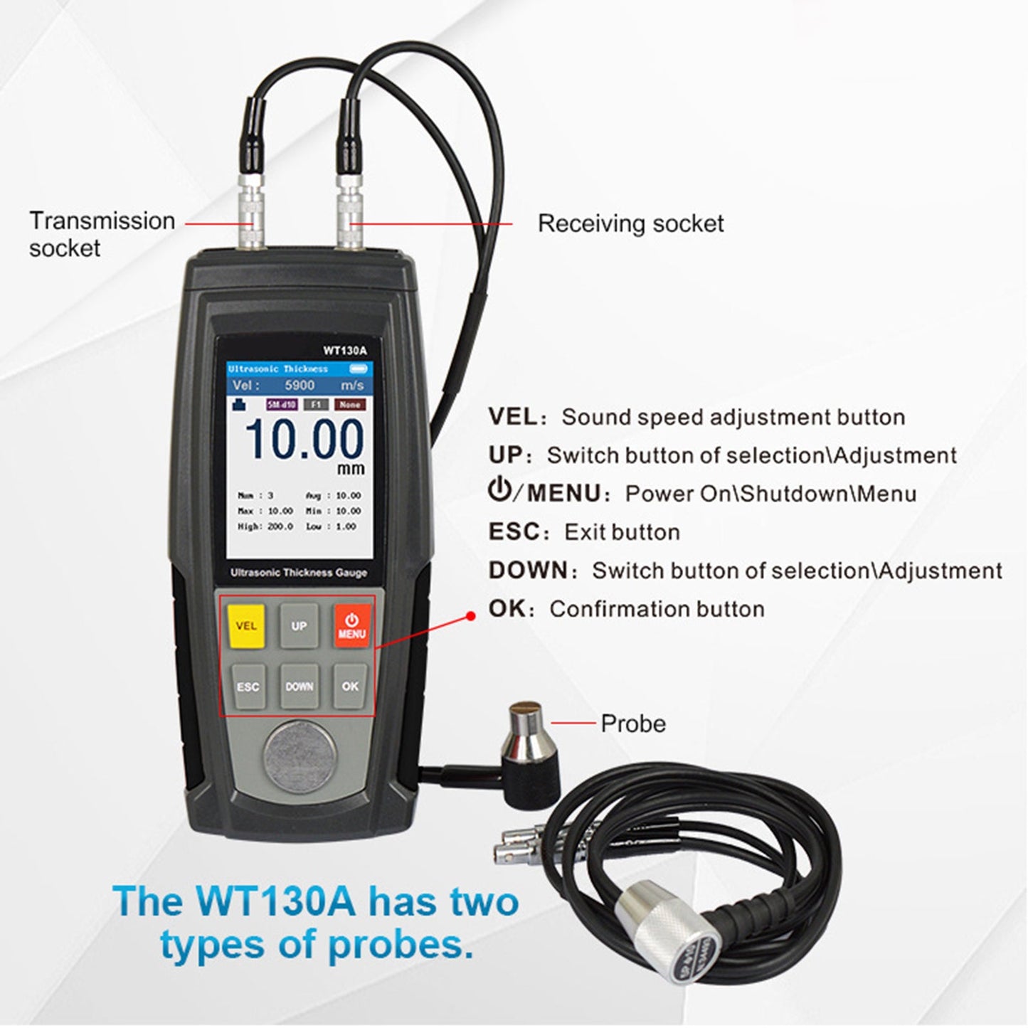 WT100A Outil de testeur LCD Capteur intelligent Jauge d'épaisseur à ultrasons Vitesse du son