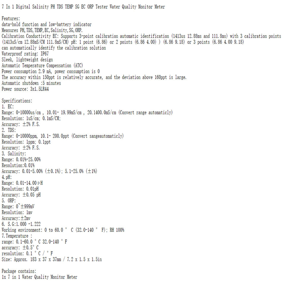 7 In 1 Digitaler Salzgehalt PH TDS TEMP SG EC ORP Wasserqualit?tsmonitor Meter