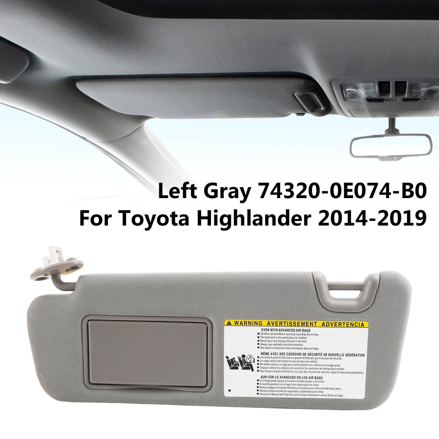 Toyota Highlander 2014–2019, linke Sonnenblende mit Waschtisch, hellgrau, 74320-0E074-B0