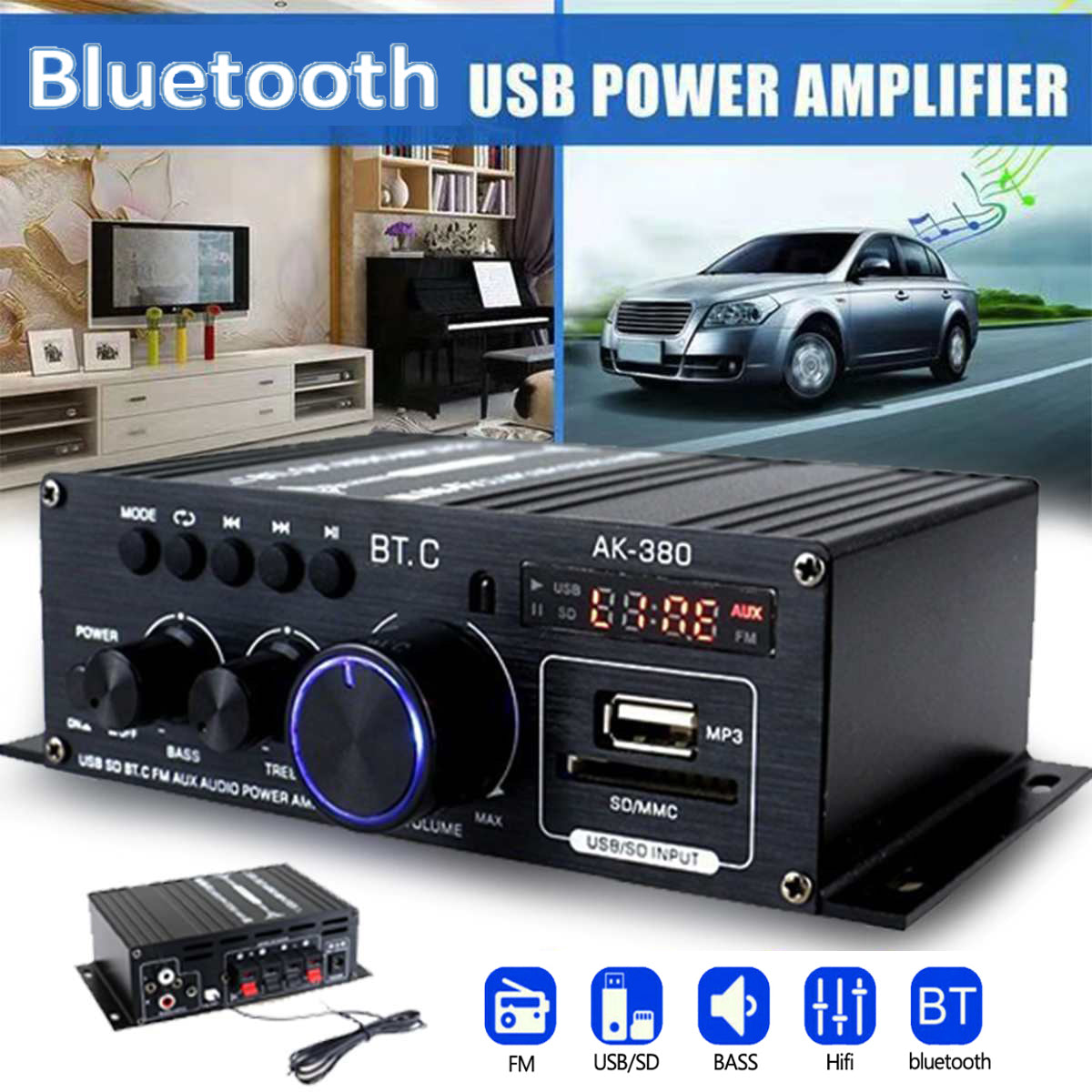 Bluetooth 2.0ch 400W HiFi Car Stereo 12V MP3 Car Audio Amplifier Radio Booster