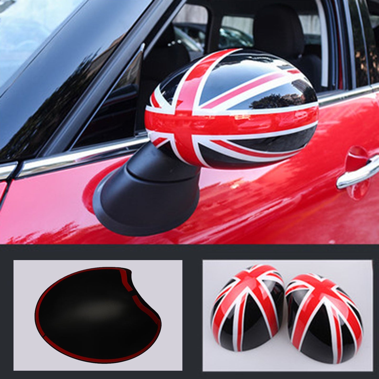 MINI Cooper R55 R56 R57 2 x Union Jack UK Flag Spiegelabdeckungen schwarz/rot