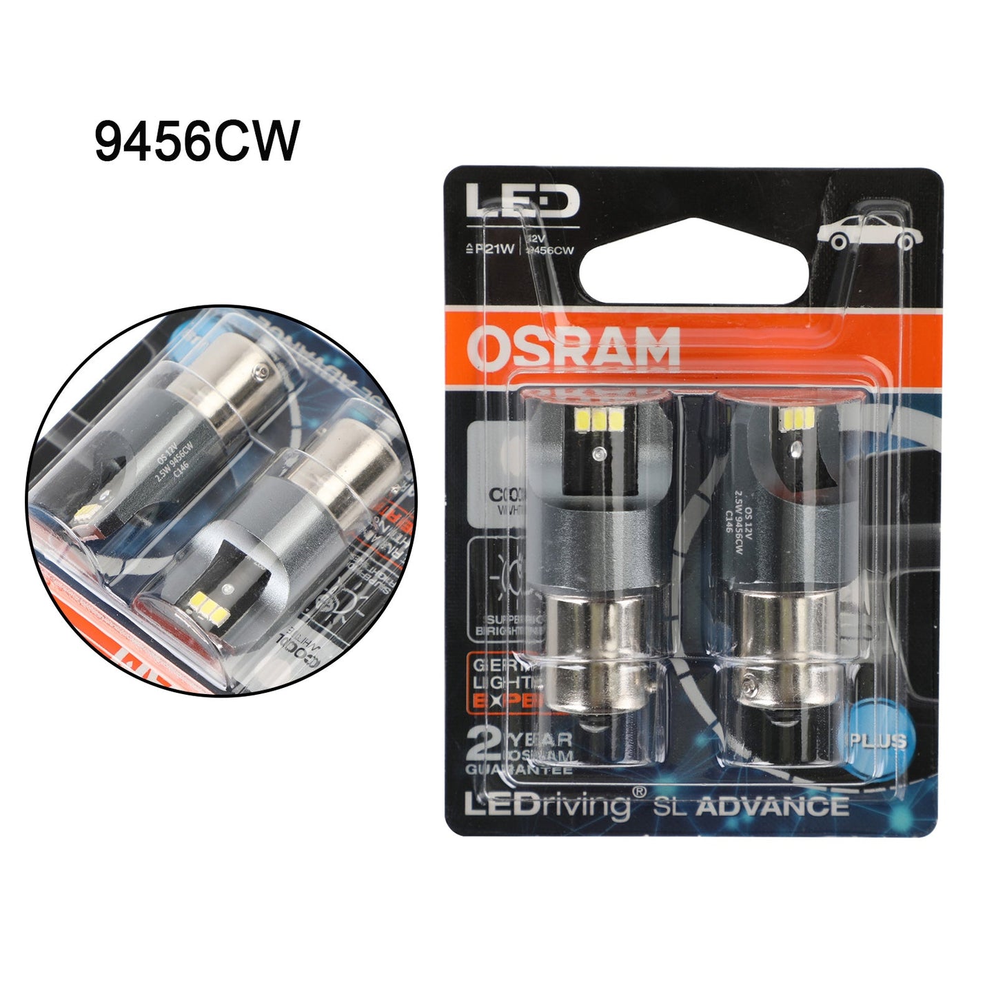 2x Pour OSRAM 9456CW Voiture Auxiliaire Ampoules LED P21W 12V2.5W BA15s Générique